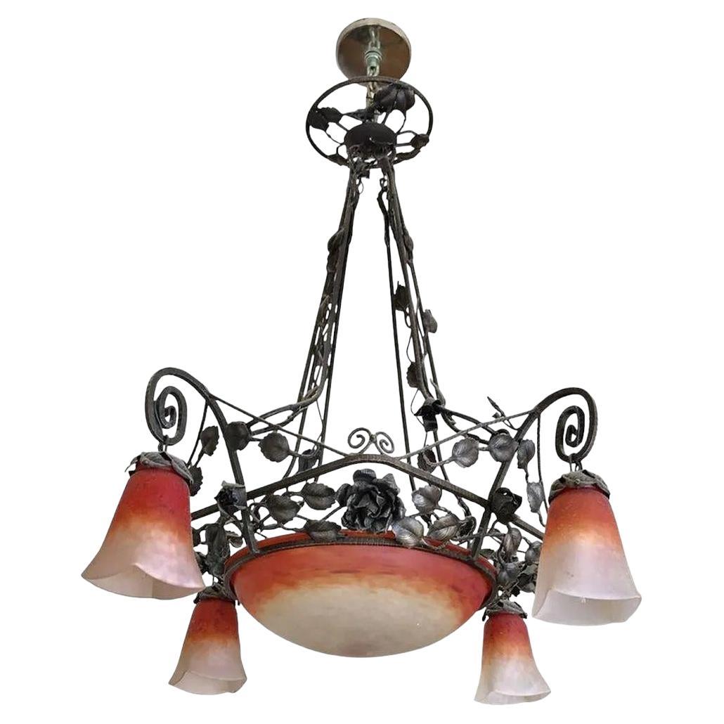 Muller Freres Art Deco Wrought Iron and Glass Chandelier For Sale