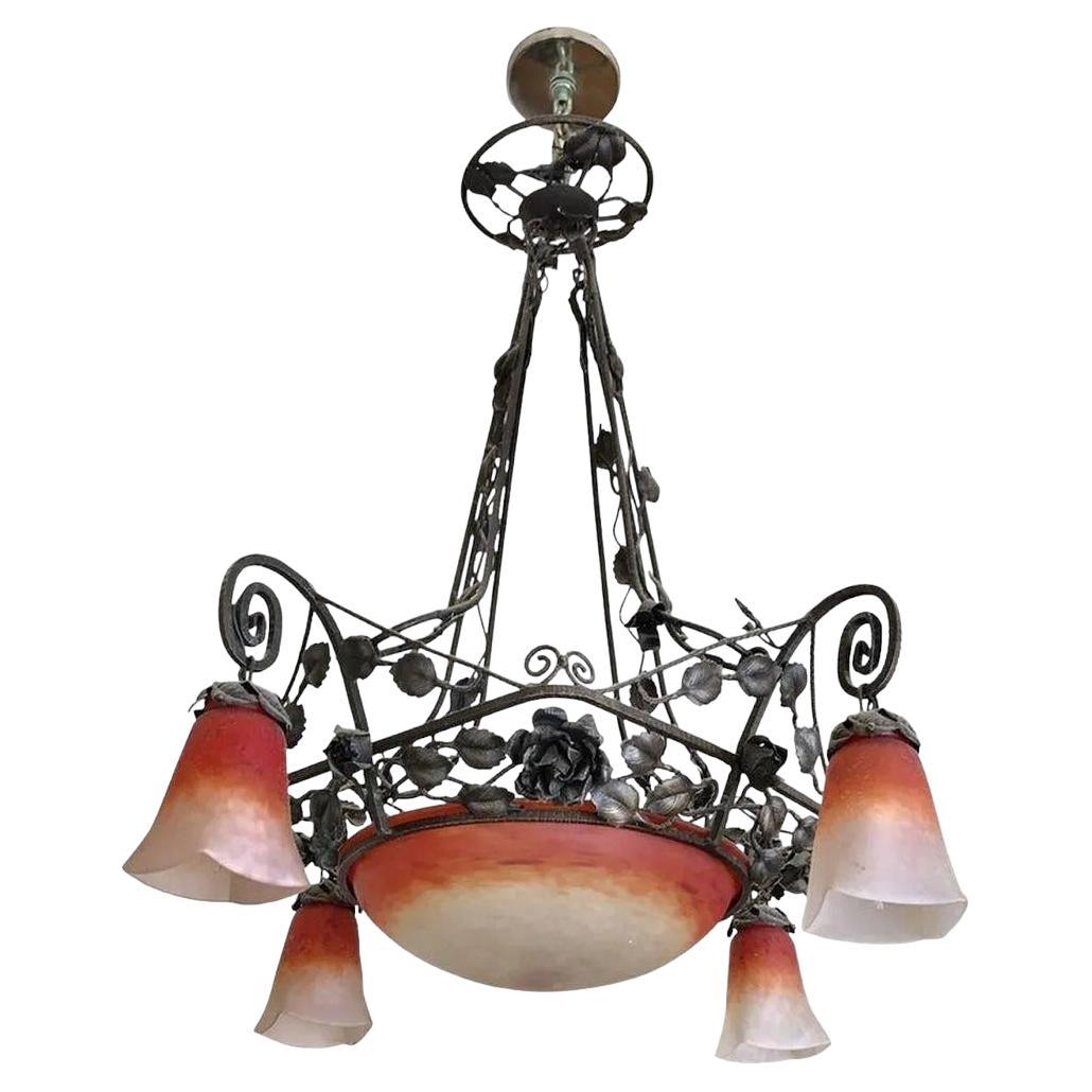 Muller Freres Art Deco Wrought Iron and Glass Chandelier