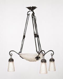 Muller Frères Art Nouveau Wrought Iron & Frosted Glass Chandelier, France, 1900s