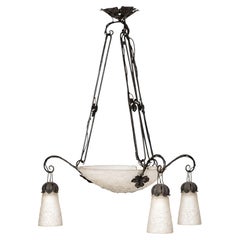 Muller Frères Art Nouveau Wrought Iron & Frosted Glass Chandelier, France, 1900s