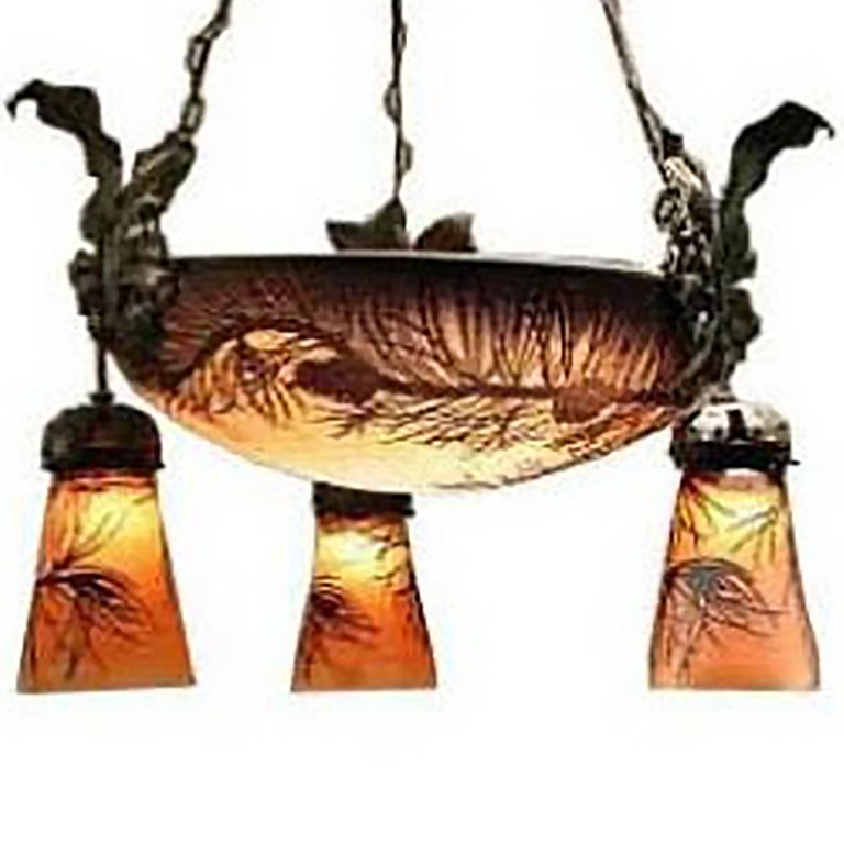 French Muller Freres Cameo Glass Chandelier For Sale