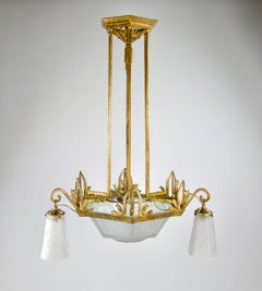 Muller Frères Chandelier, Gilt Frame and Peacock Motifs, French Art Deco