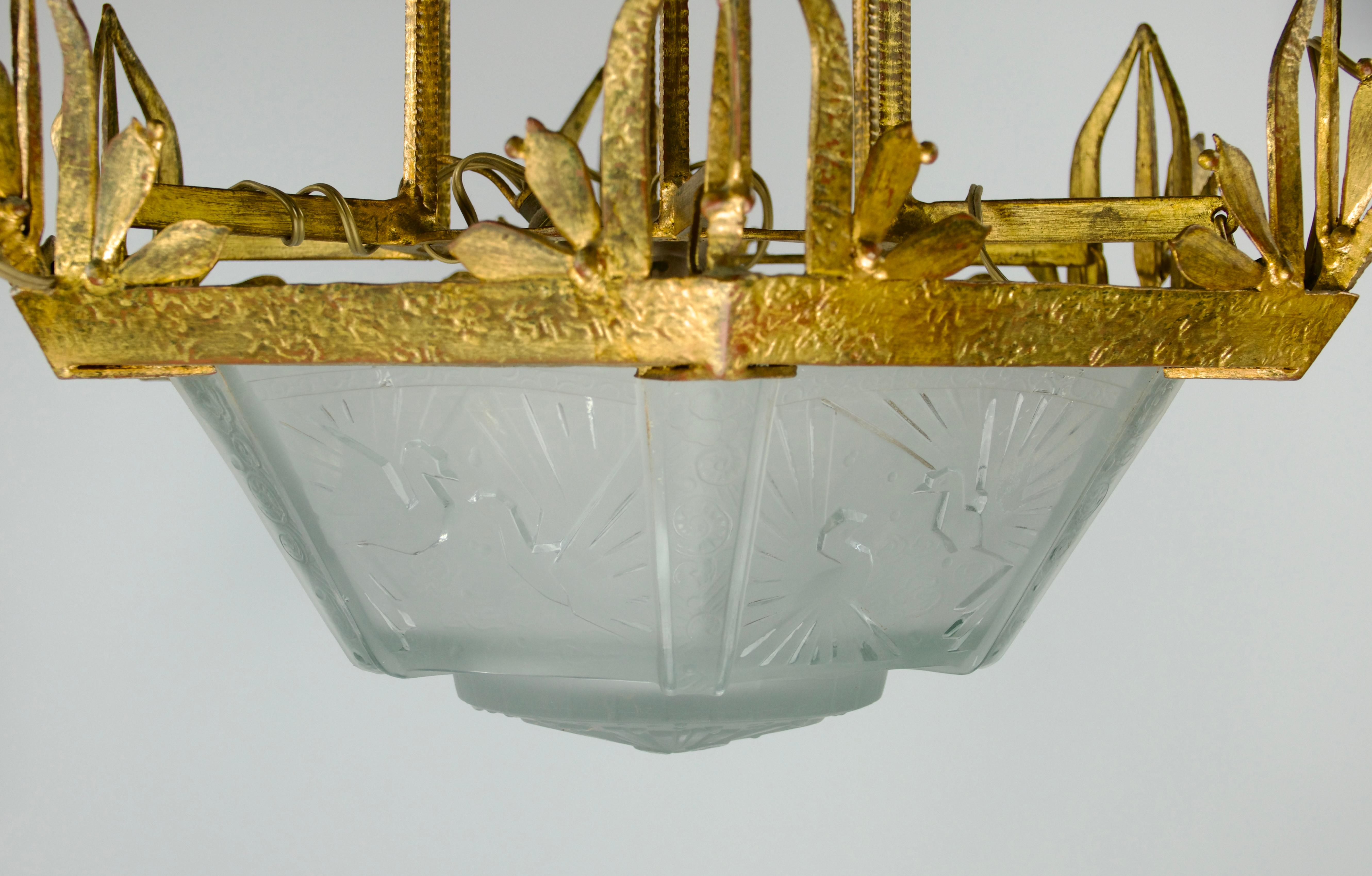 Muller Frères Chandelier, Gilt Frame and Peacock Motifs, French Art Deco For Sale 1