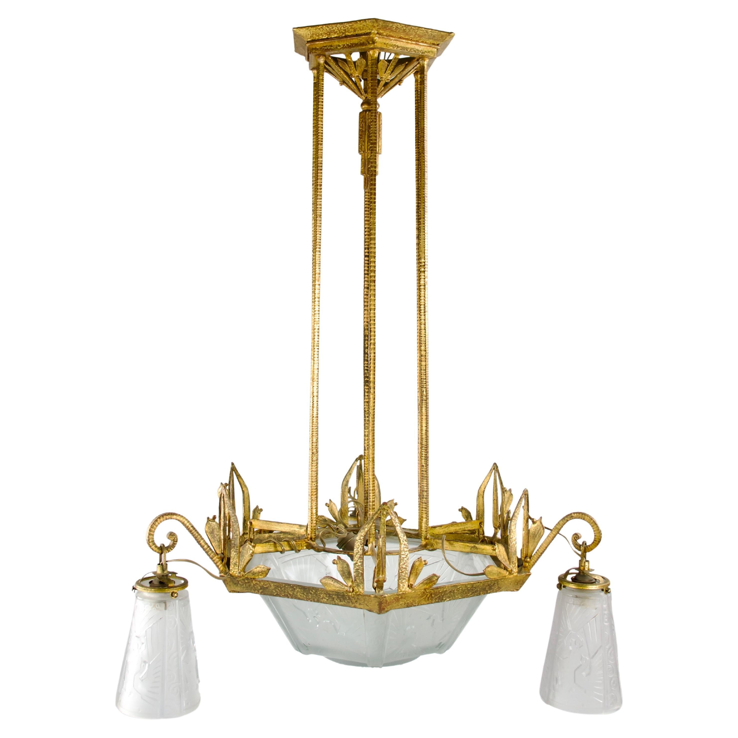 Muller Frères Chandelier, Gilt Frame and Peacock Motifs, French Art Deco For Sale