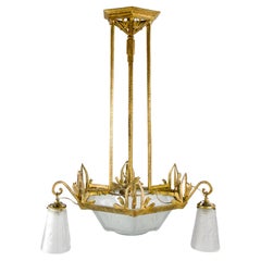 Antique Muller Frères Chandelier, Gilt Frame and Peacock Motifs, French Art Deco