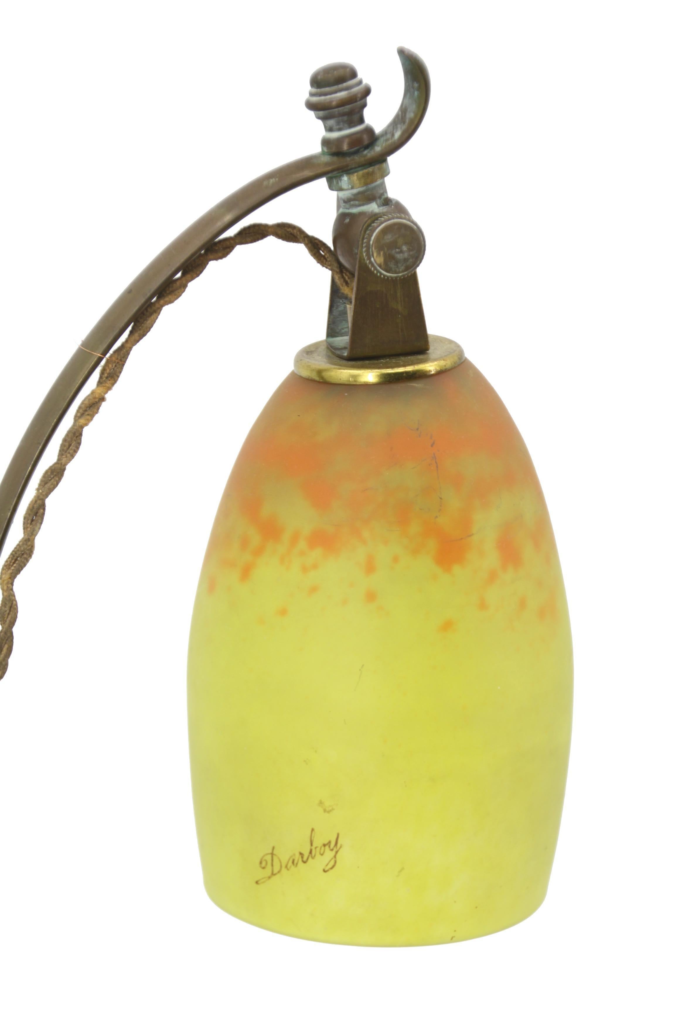 Muller Frères - signed with enamel, DARBOY

Set of very beautiful Art Nouveau lamps circa 1910/1920, made of bronze and cloud (red yellow) glass, 1920 era, the same than Muller Frères but signed with enamel, DARBOY. The lamps have the same base
