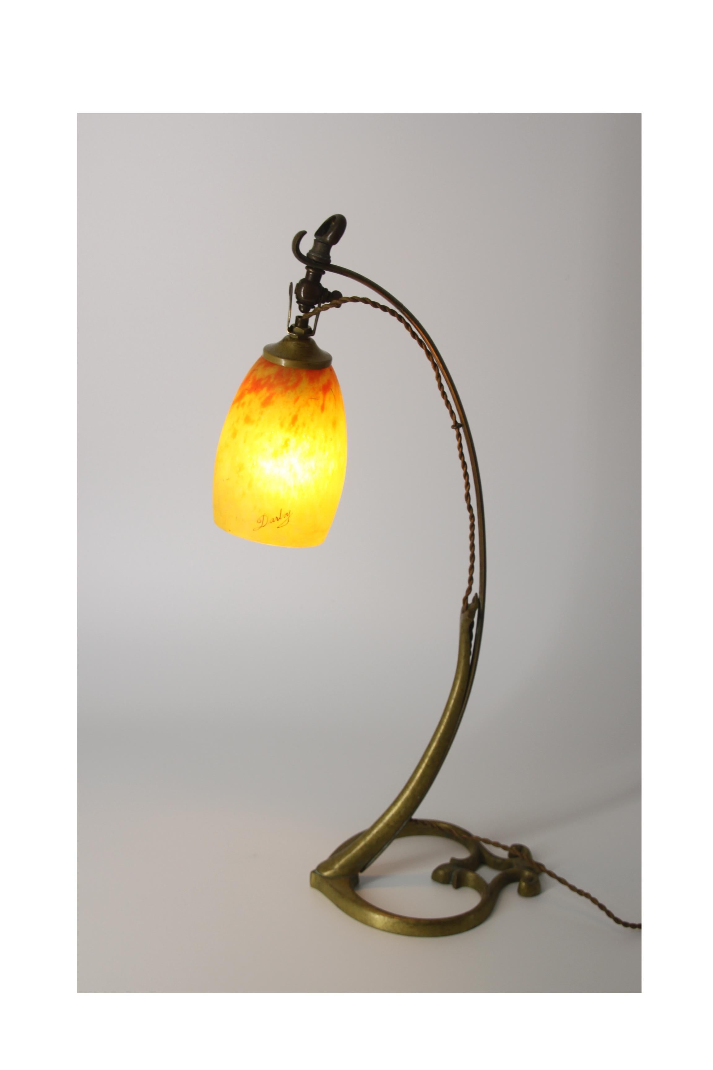 Late 19th Century Muller Frères “Darboy” Set of 2 Bronze and Glass Table Lamps, Art Nouveau
