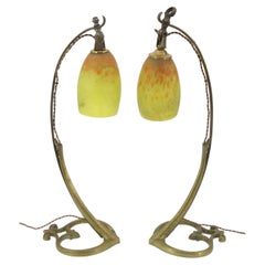 Muller Frères “Darboy” Set of 2 Bronze and Glass Table Lamps, Art Nouveau