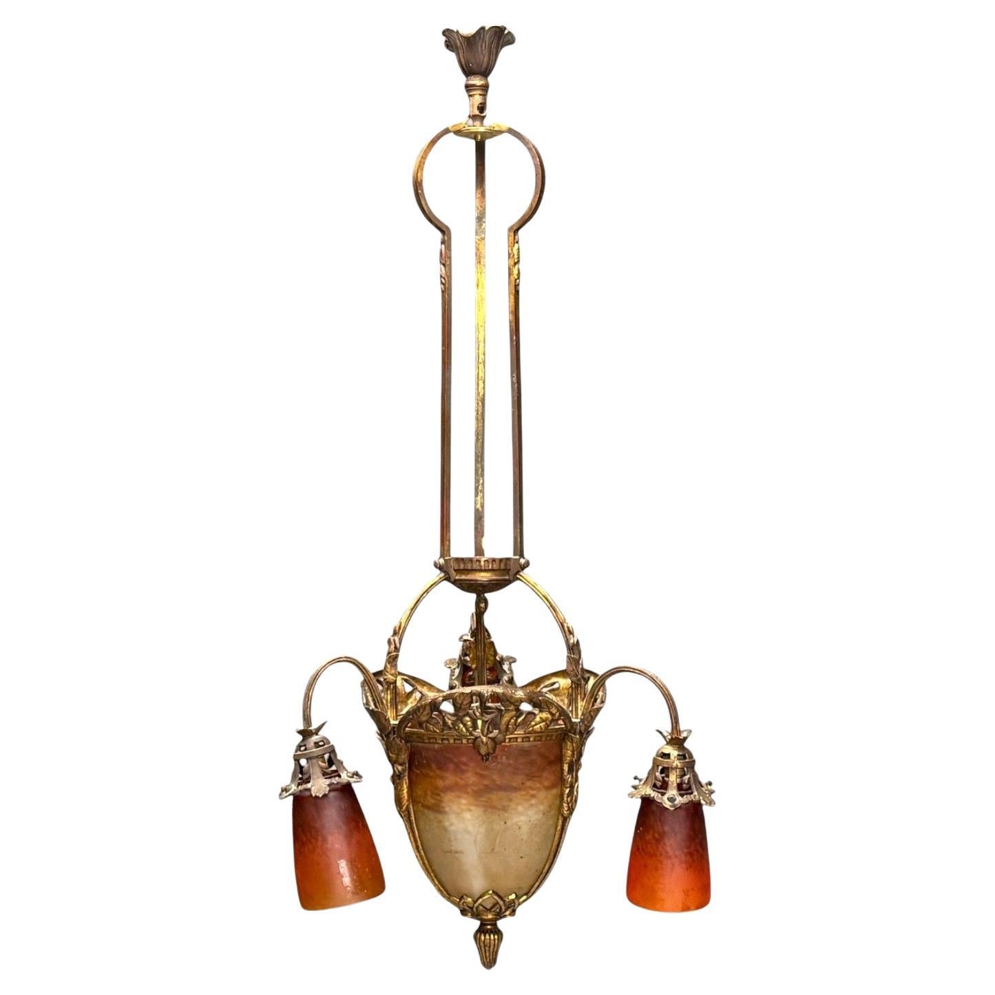 Muller Frères, Französischer Art Deco, Bronze, Glas, Kronleuchter, Frankreich, 1920er Jahre