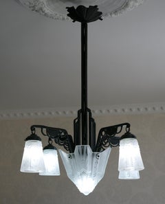 Muller Frères Art Deco Chandelier, Frosted Glass & Iron, France 1925