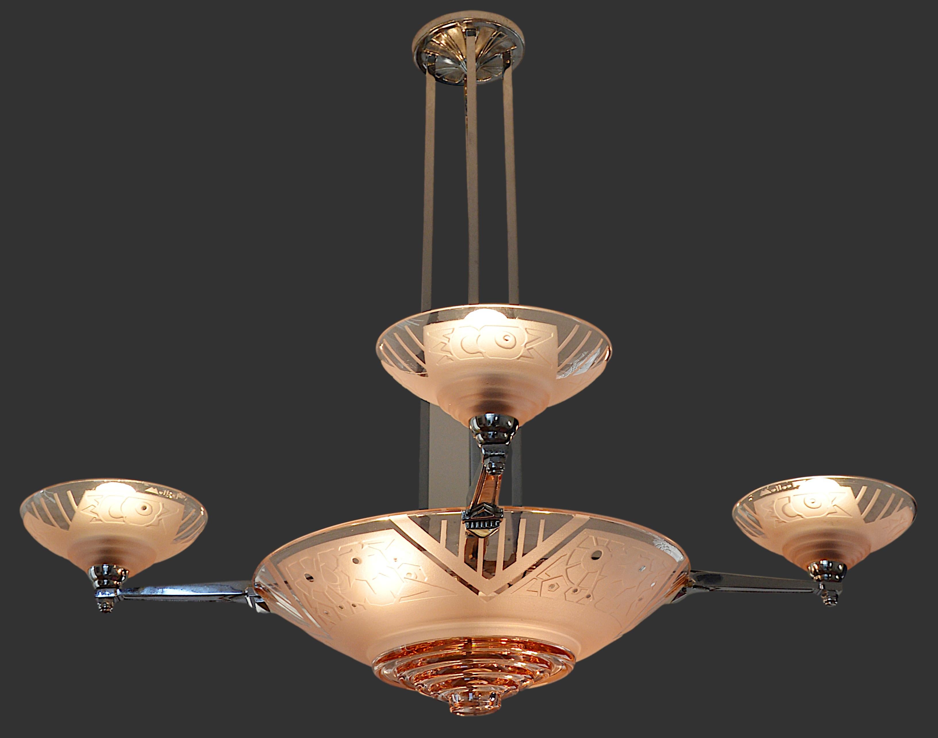 Plated Muller Freres French Art Deco Chandelier, Early 1930s
