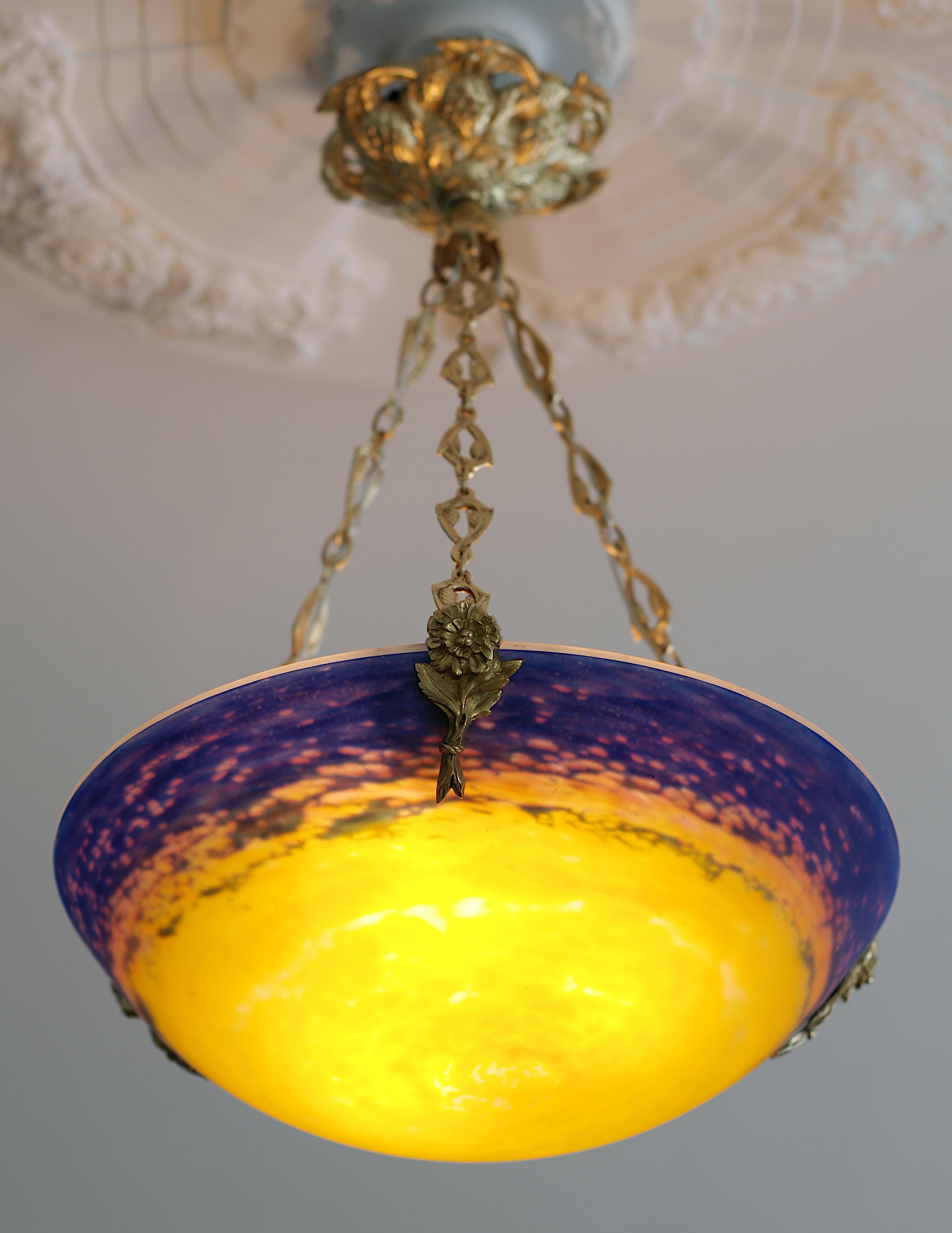 Bronze Muller Freres French Art Deco Pendant Chandelier, 1920