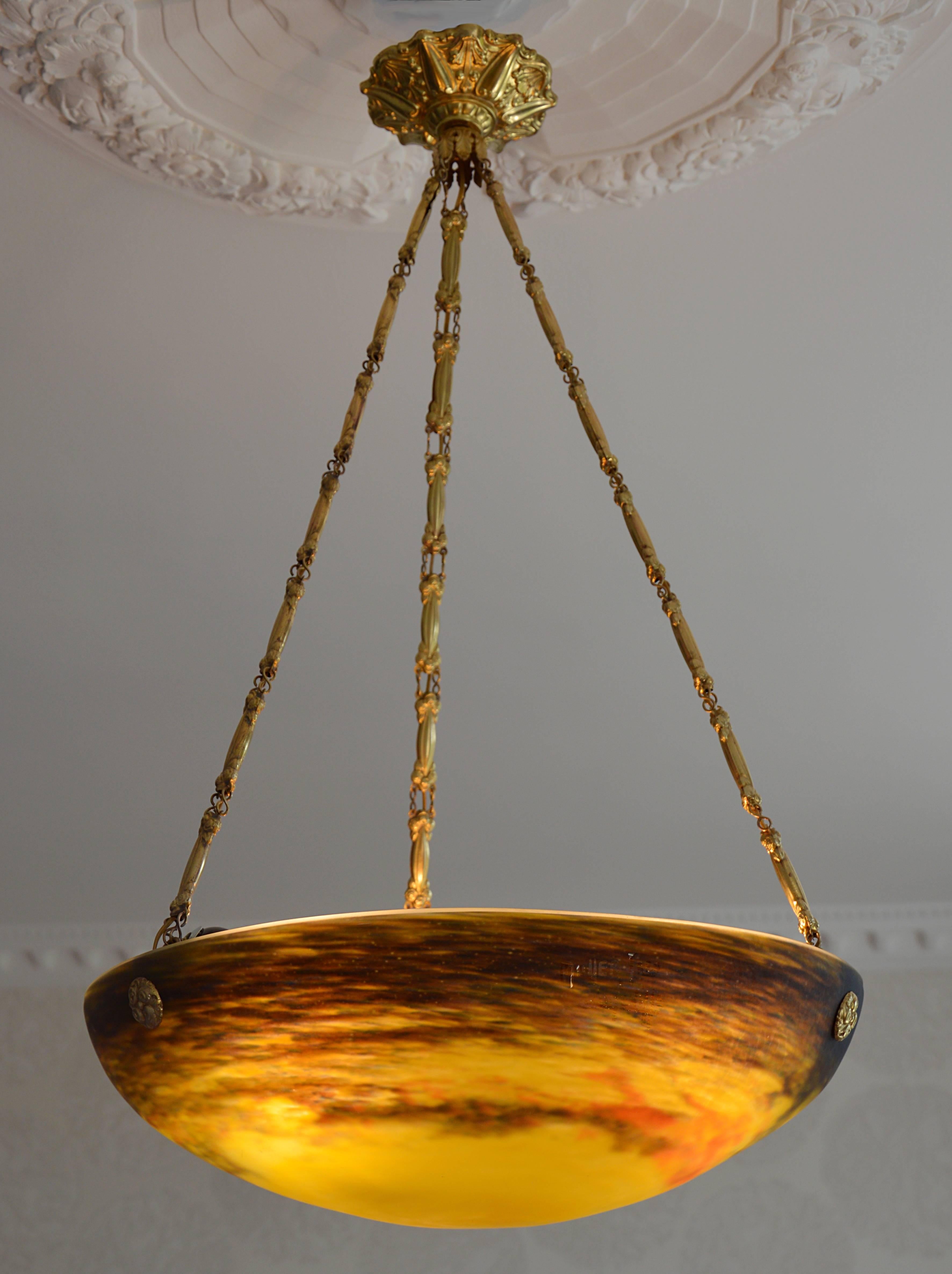 Early 20th Century Muller Frères French Art Deco Pendant Chandelier, 1925