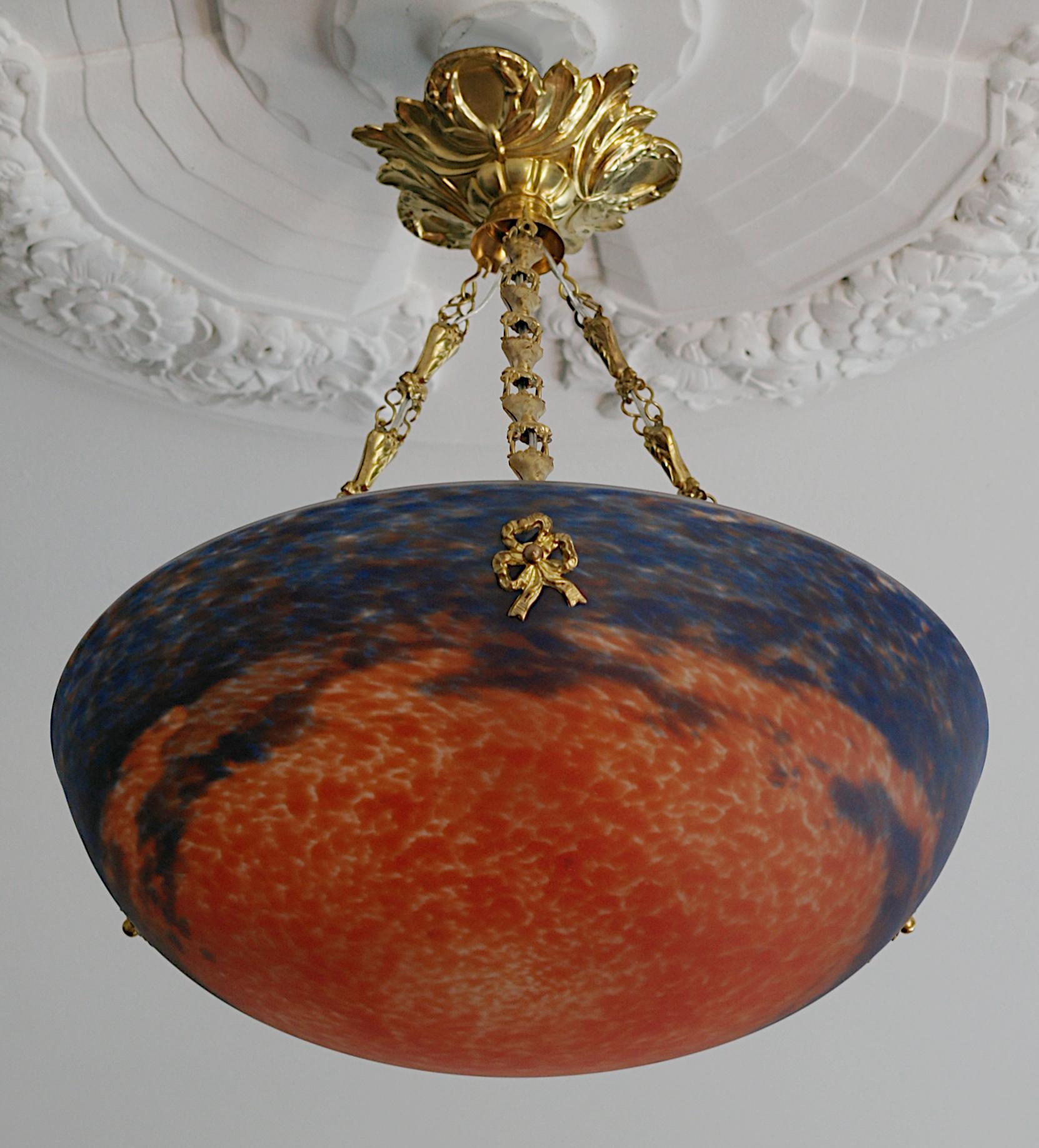 Brass MULLER FRERES French Art Deco Pendant Chandelier, 1920 For Sale