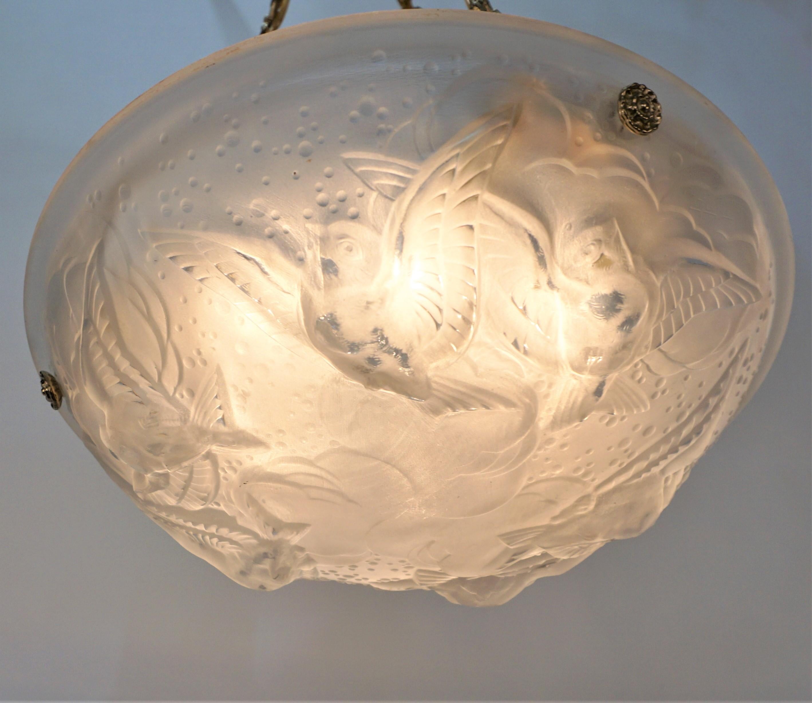 Muller Frères French Flying Birds / Sparrows Art Deco Chandeliers 2 in Stock In Good Condition For Sale In Fairfax, VA