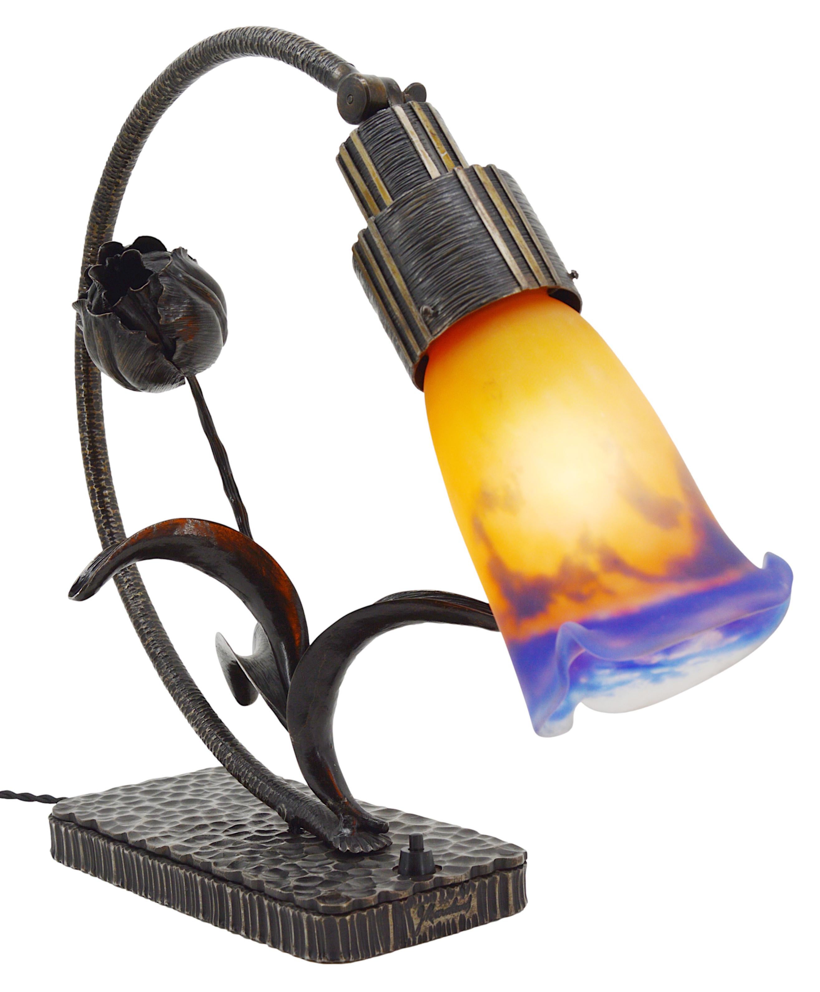 Verre brun MULLER FRERES & G.MARCHAND - Art Déco français - Lampe de bureau / lampe de table, vers 1920 en vente