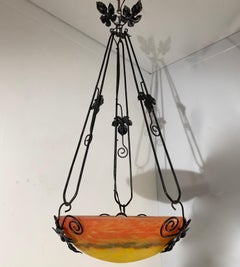 Muller Frères G.V. de Croismare Art Deco Glass & Wrought Iron Pendant