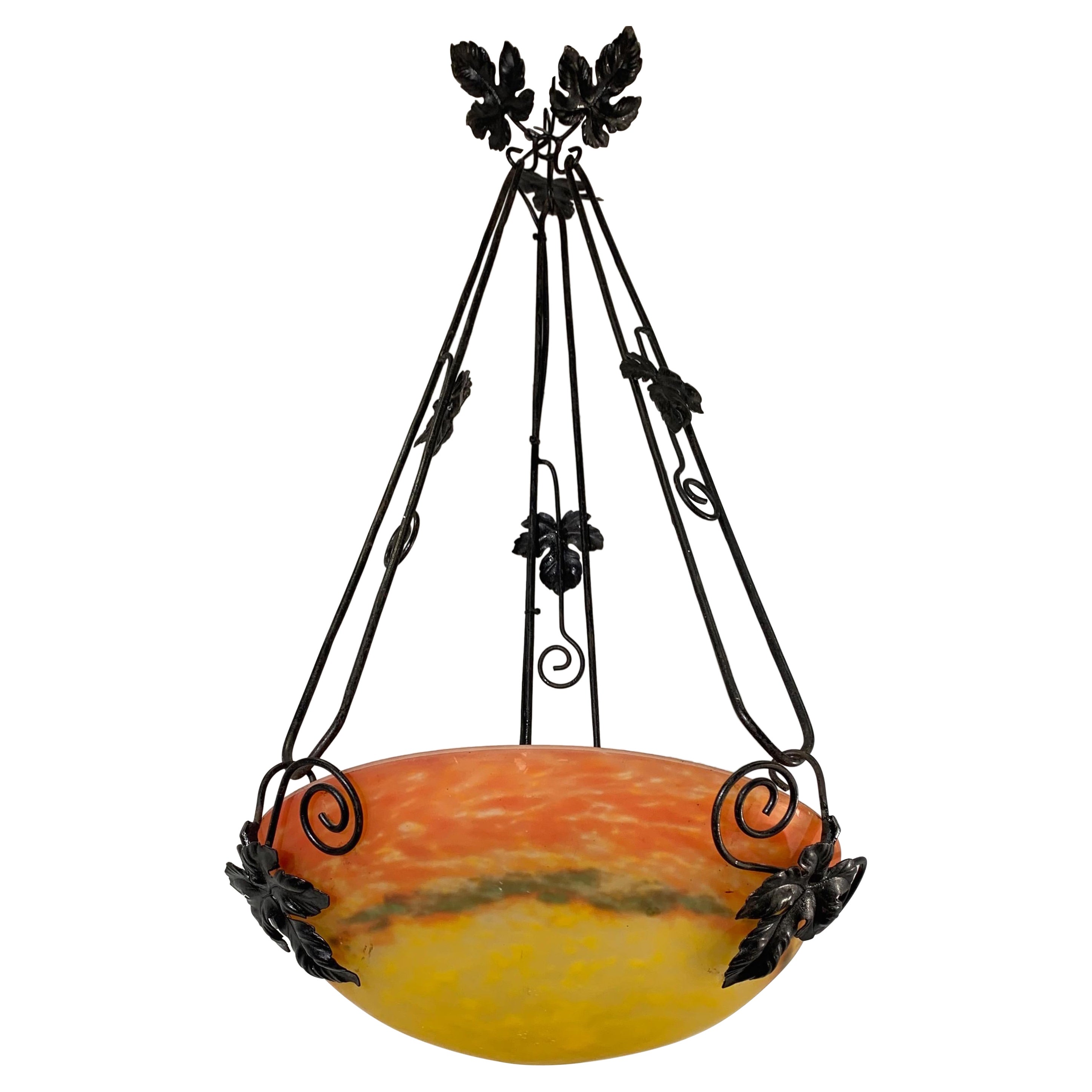 Muller Frères G.V. de Croismare Art Deco Glass & Wrought Iron Pendant For Sale