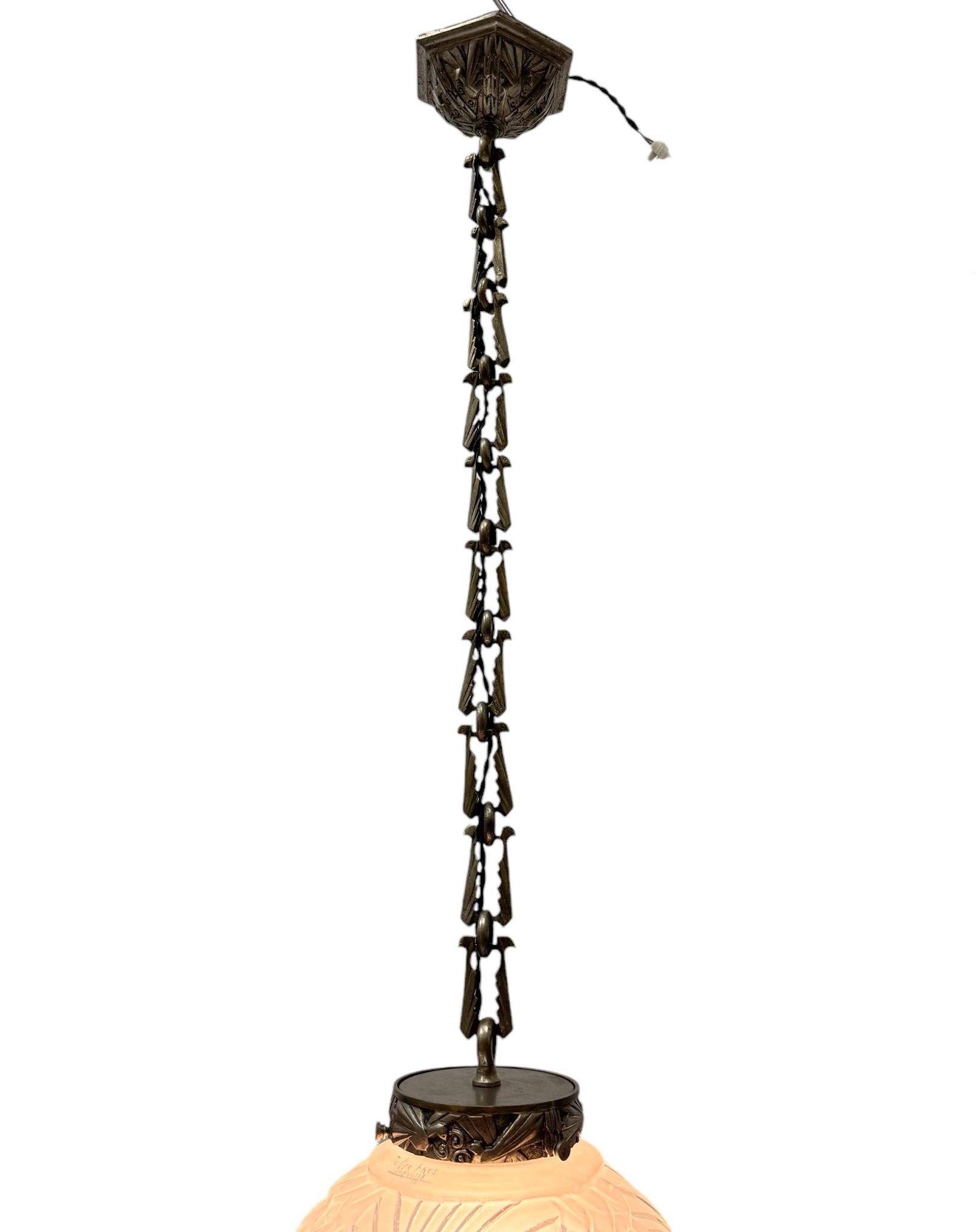 Bronze Muller Frères Luneville  Art Deco Pendant with Original Birds Shade, 1930s For Sale
