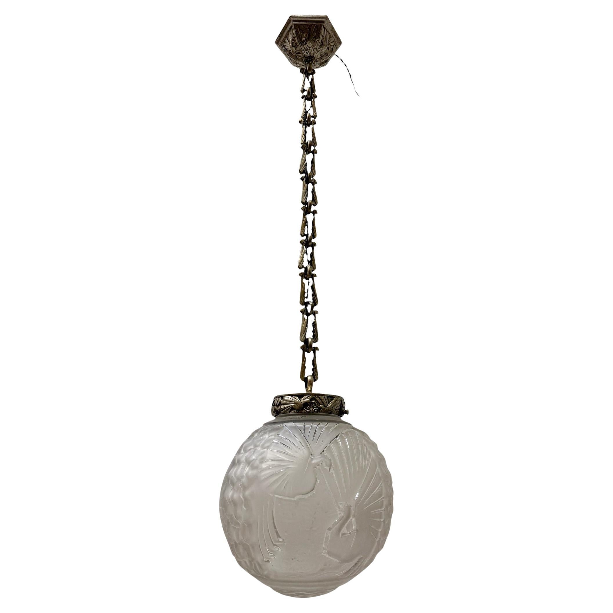 Muller Frères Luneville  Art Deco Pendant with Original Birds Shade, 1930s For Sale