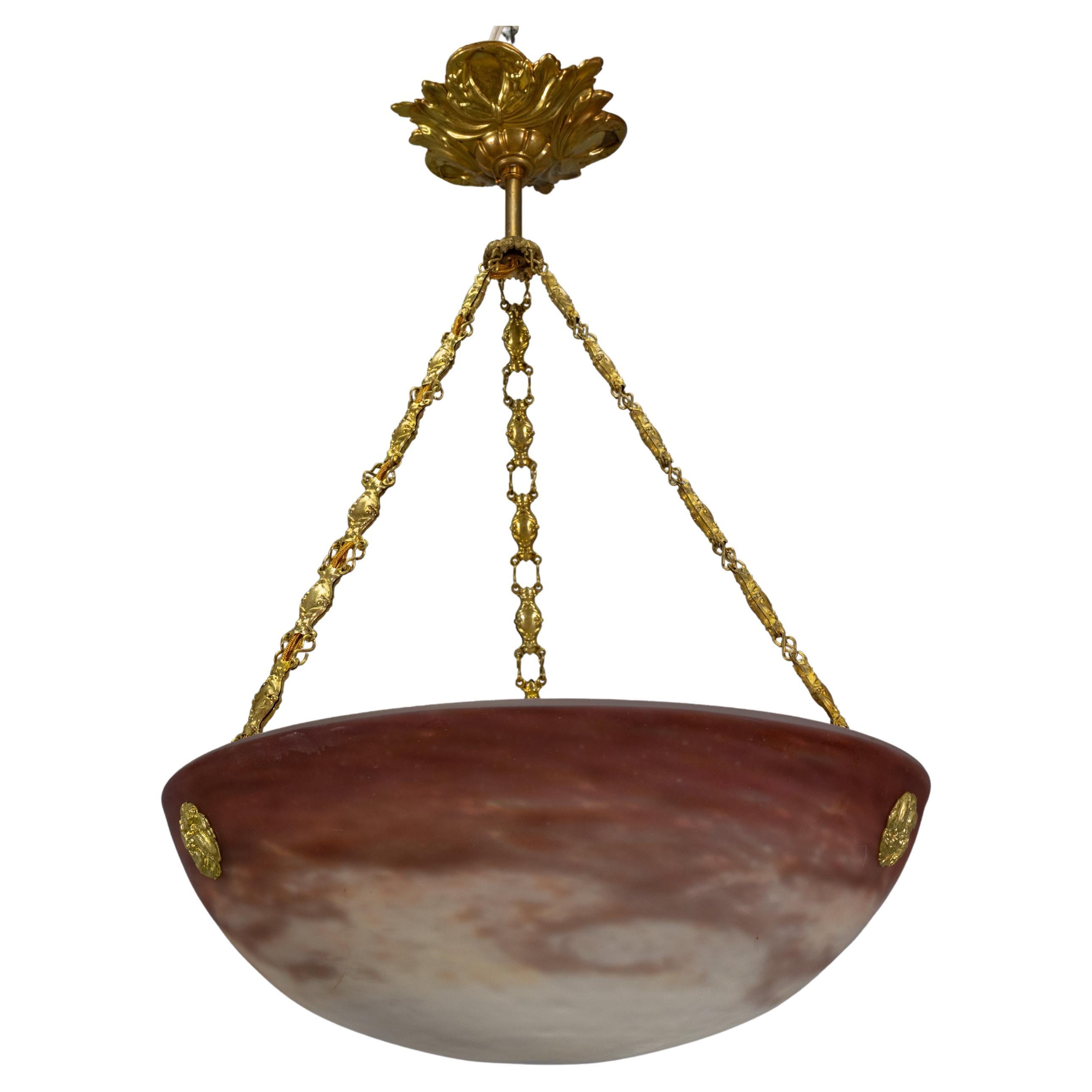 Muller Frères Luneville Pendant Light with White and Burgundy Glass, 1920