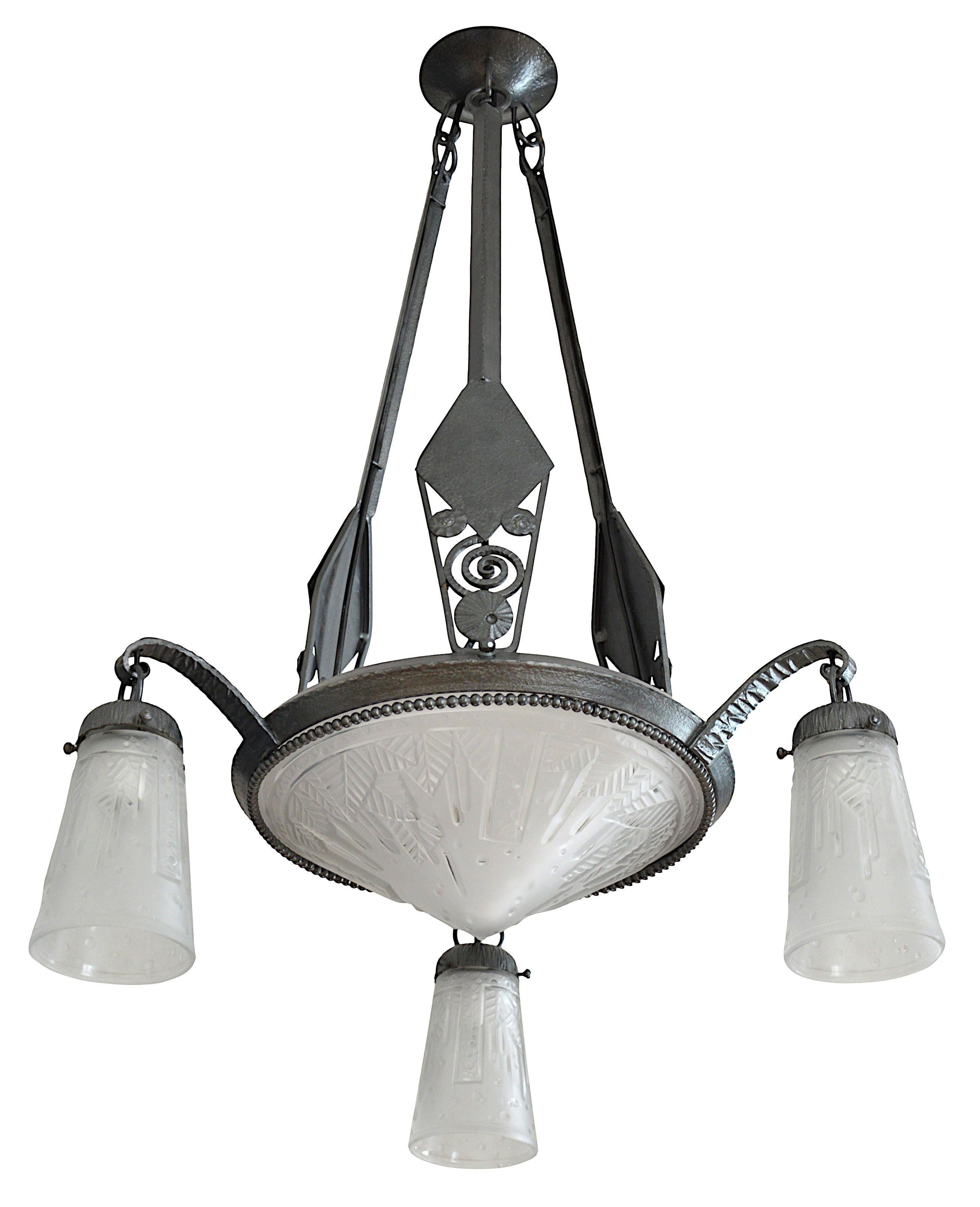 Glass Muller Freres Marcel Vasseur Fag French Art Deco Chandelier, 1920 For Sale