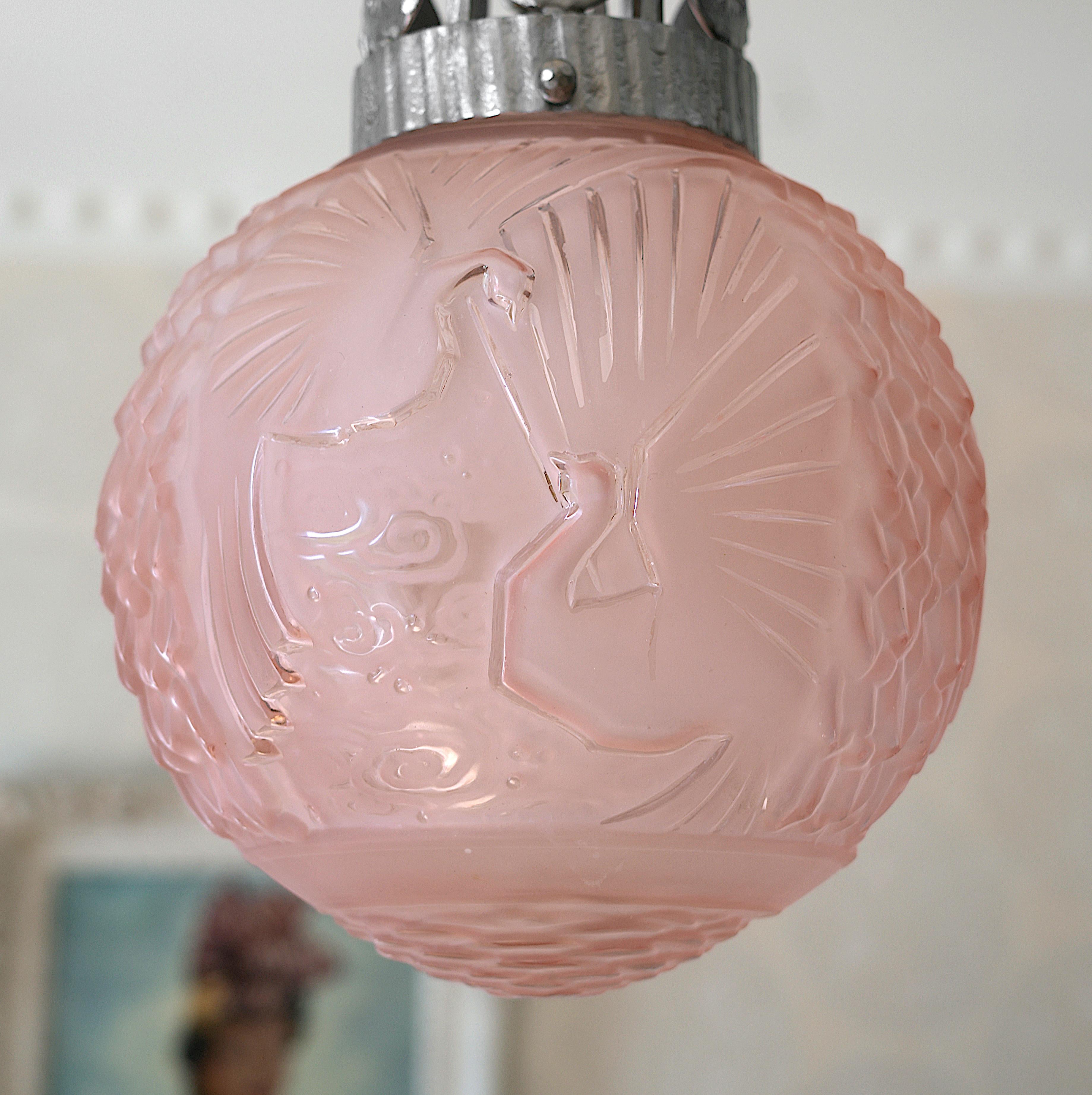 Art Glass MULLER FRERES / Marcel VASSEUR French Art Deco Pendant Chandelier, 1920 For Sale