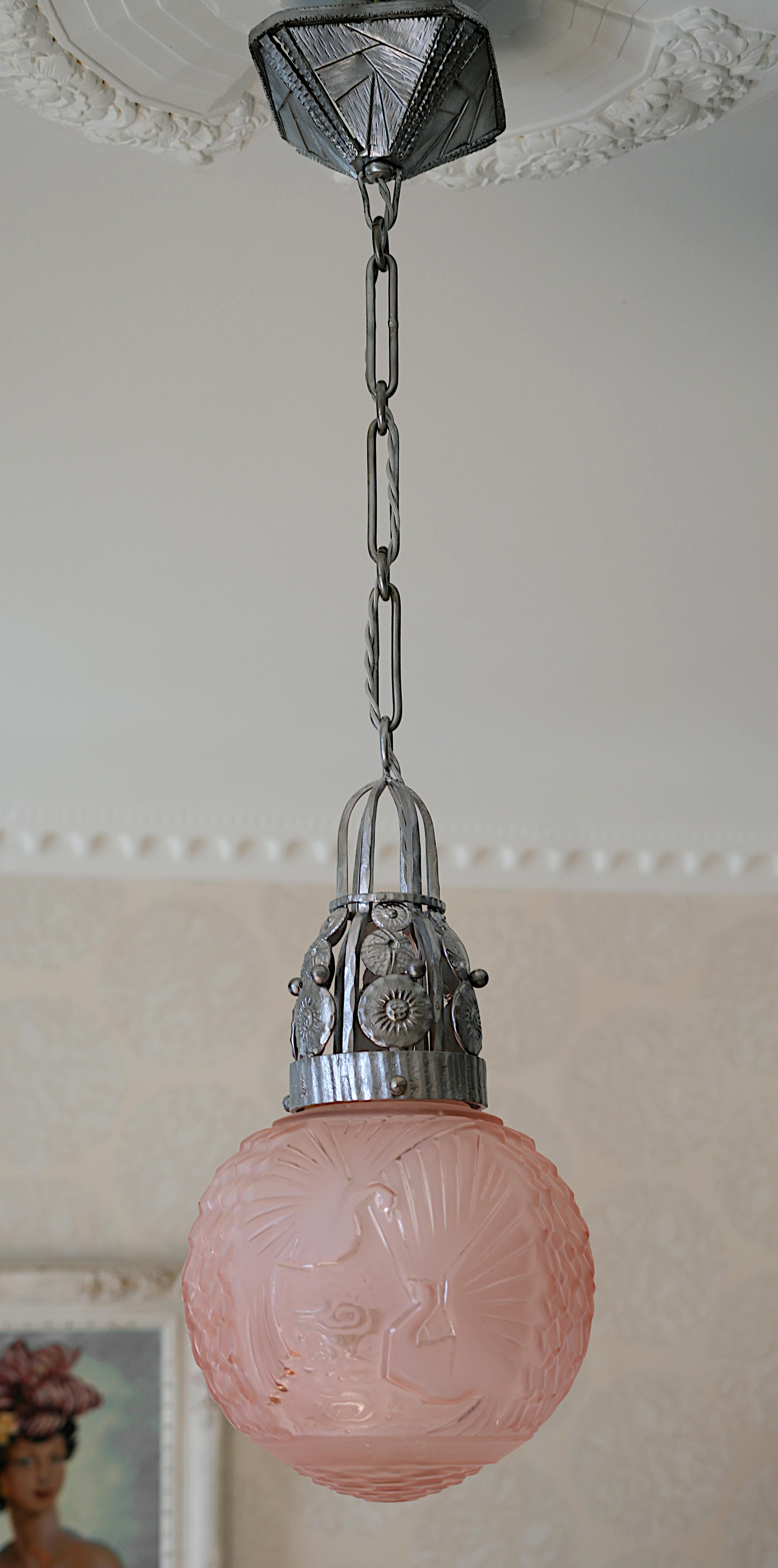 MULLER FRERES / Marcel VASSEUR French Art Deco Pendant Chandelier, 1920 For Sale 2