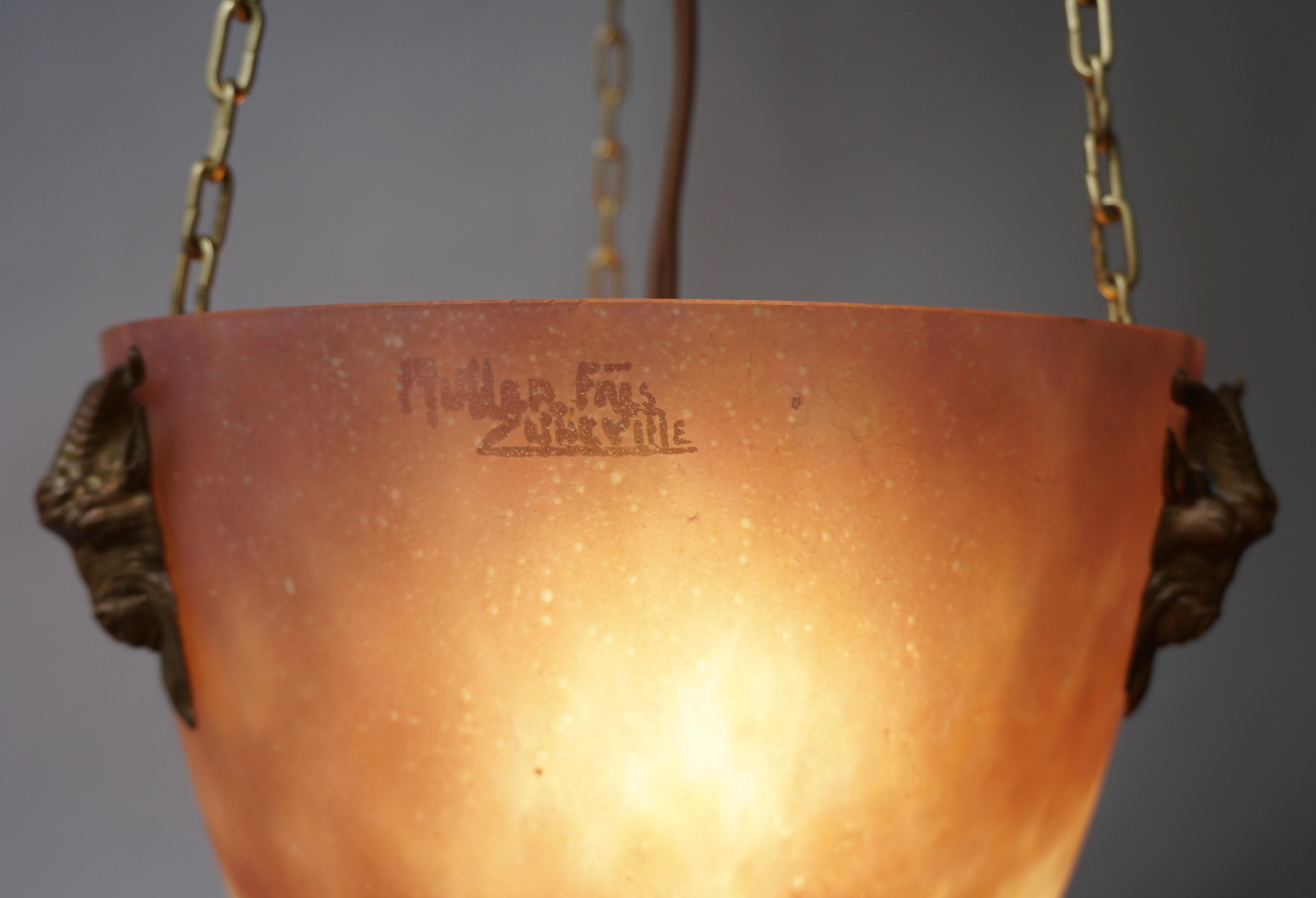 Lustre à suspension Art Déco Muller Freres en verre tacheté et bronze, France en vente 3