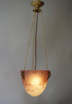 Muller Freres Mottled Glass and Bronze Art Deco Pendant Chandelier, France
