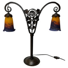 Antique Muller Frères Pair of Art Deco Doble Tulips Lamps