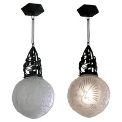 MULLER FRERES Pair of French Art Deco Pendant Chandeliers or Semi Flush Mounts