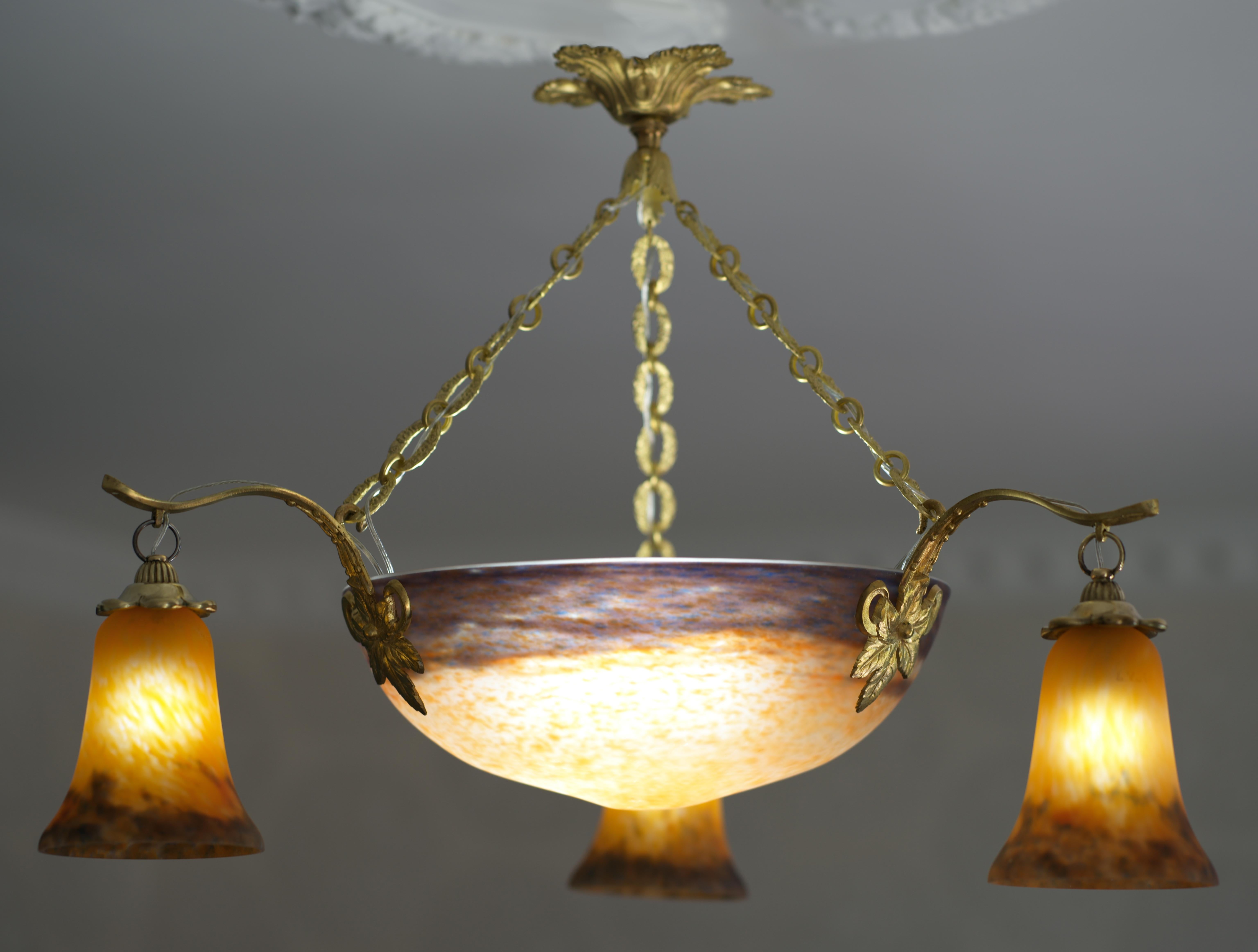 Bronze Muller Freres & Petitot French Art Deco Chandelier, 1920 For Sale