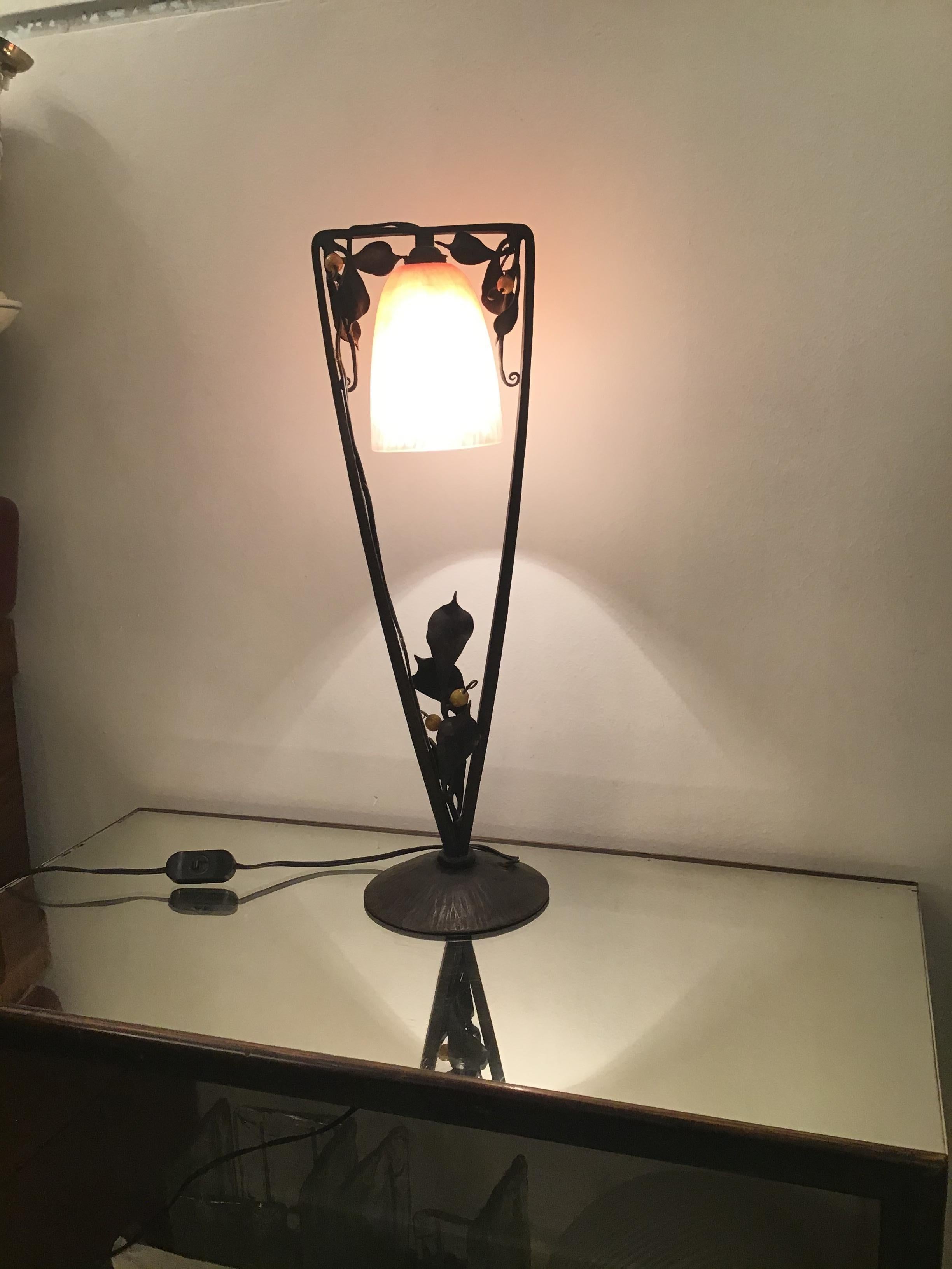 Müller Frères Table Lamp Glass Wrought Iron, 1930, France 4