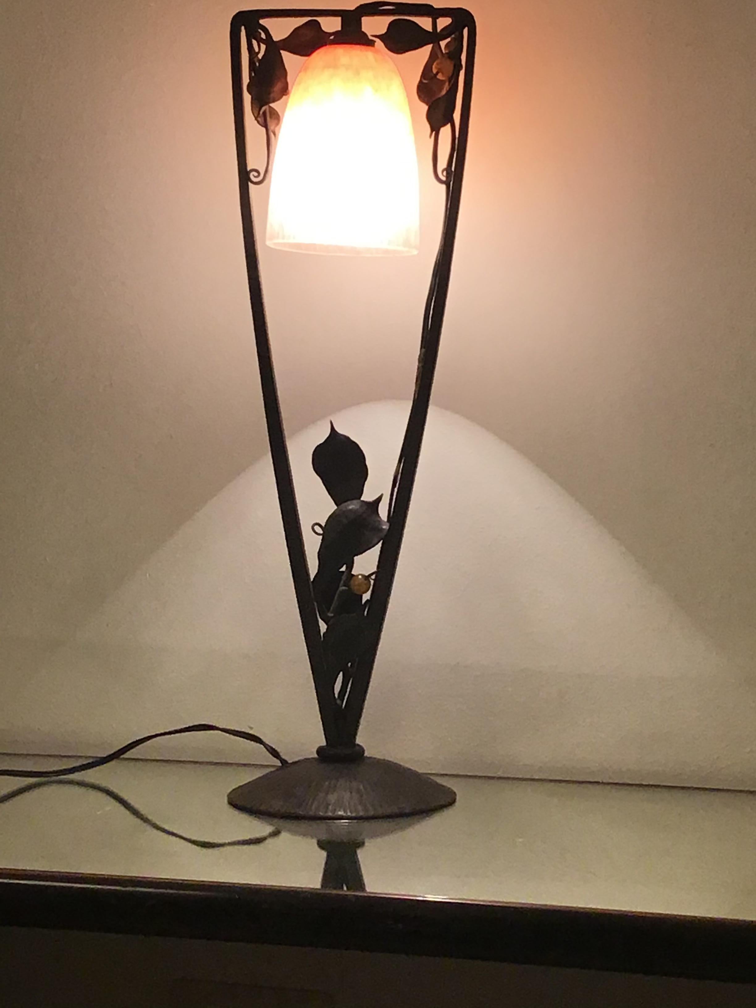 Italian Müller Frères Table Lamp Glass Wrought Iron, 1930, France