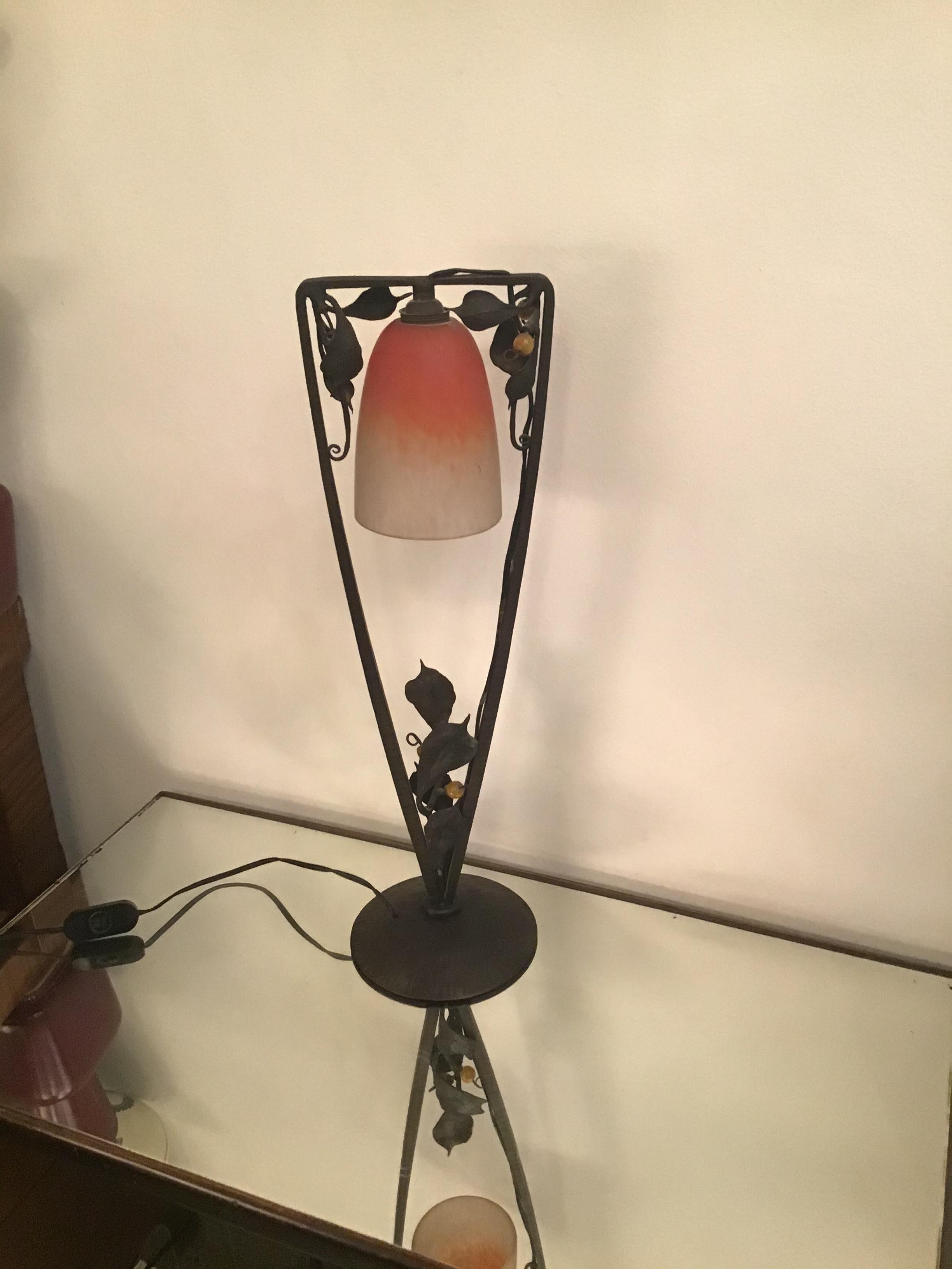 Müller Frères Table Lamp Glass Wrought Iron, 1930, France 1