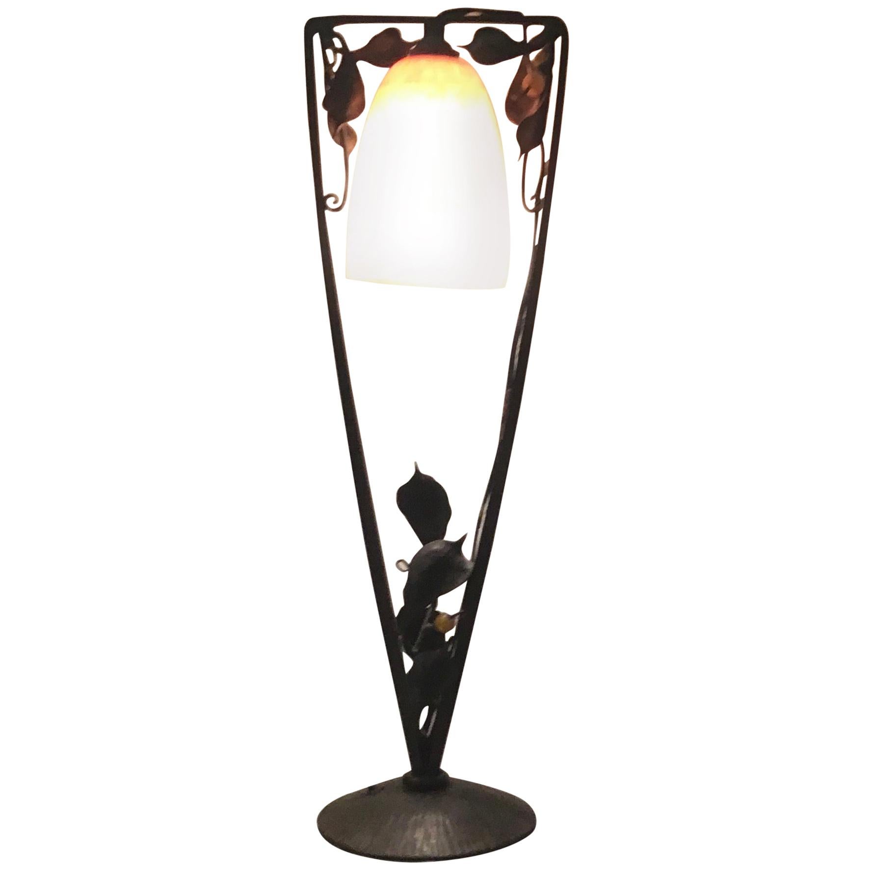 Müller Frères Table Lamp Glass Wrought Iron, 1930, France