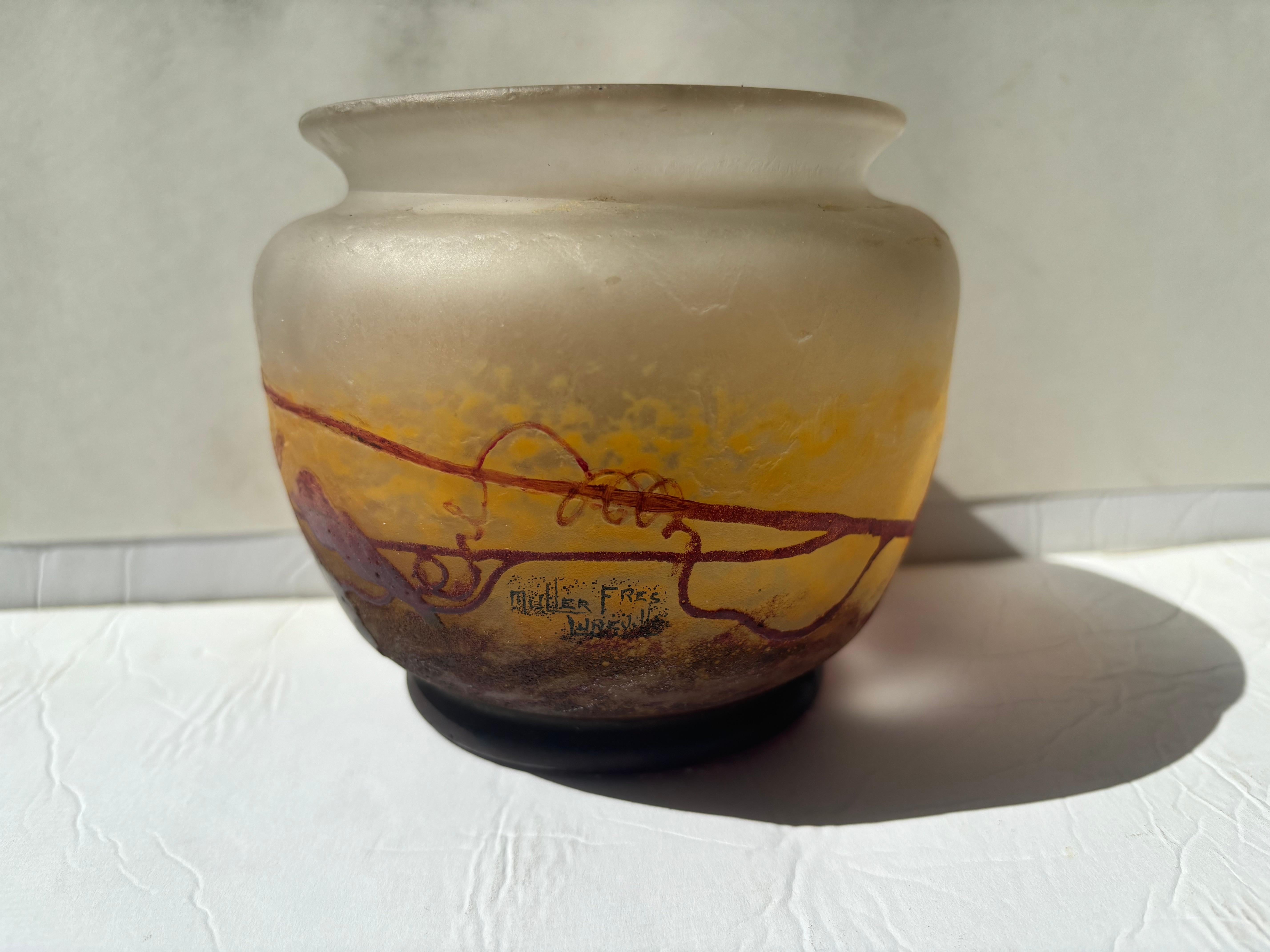Art nouveau Vase/ bol de Muller Freres en verre acide émaillé gravé en camée de camée en vente
