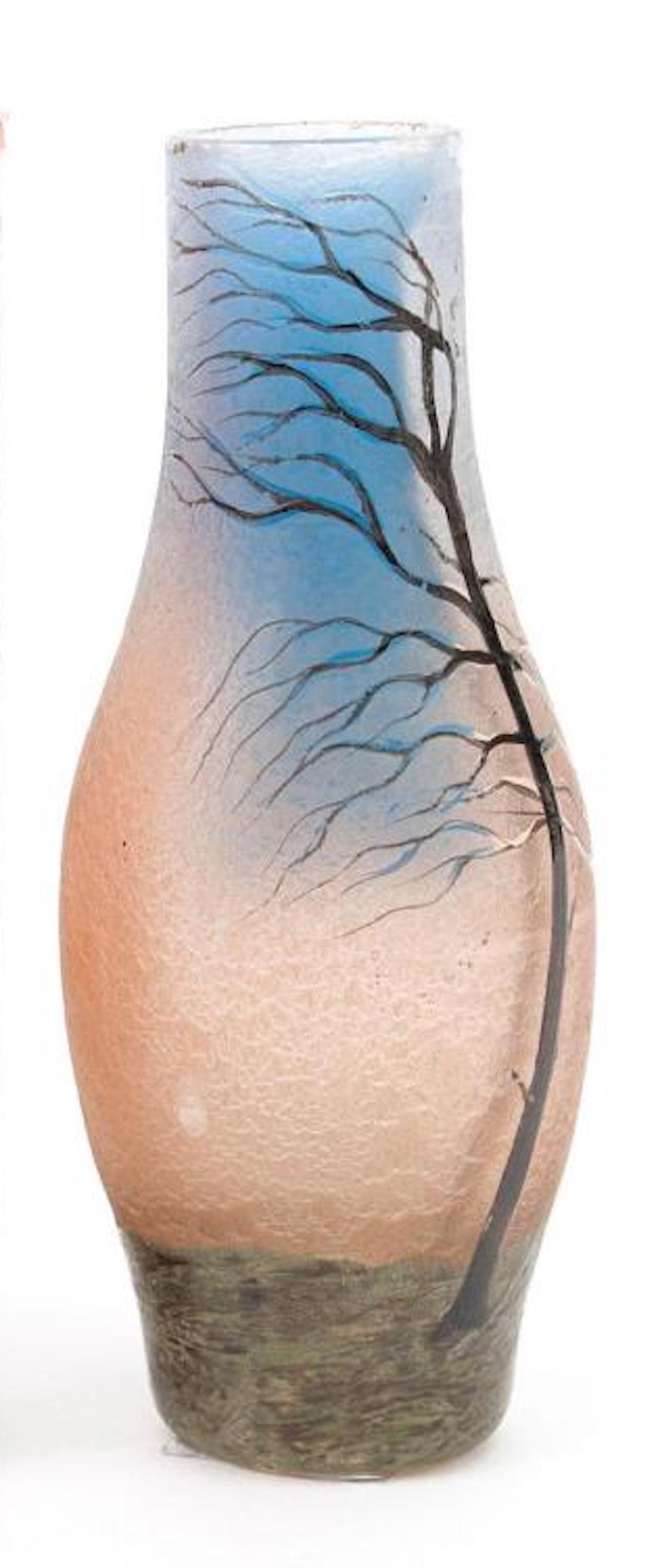 France, early 20th century, glass. Hand enameled vases in baluster form having renderings of landscape settings, signed to body Muller Fres Luneville.