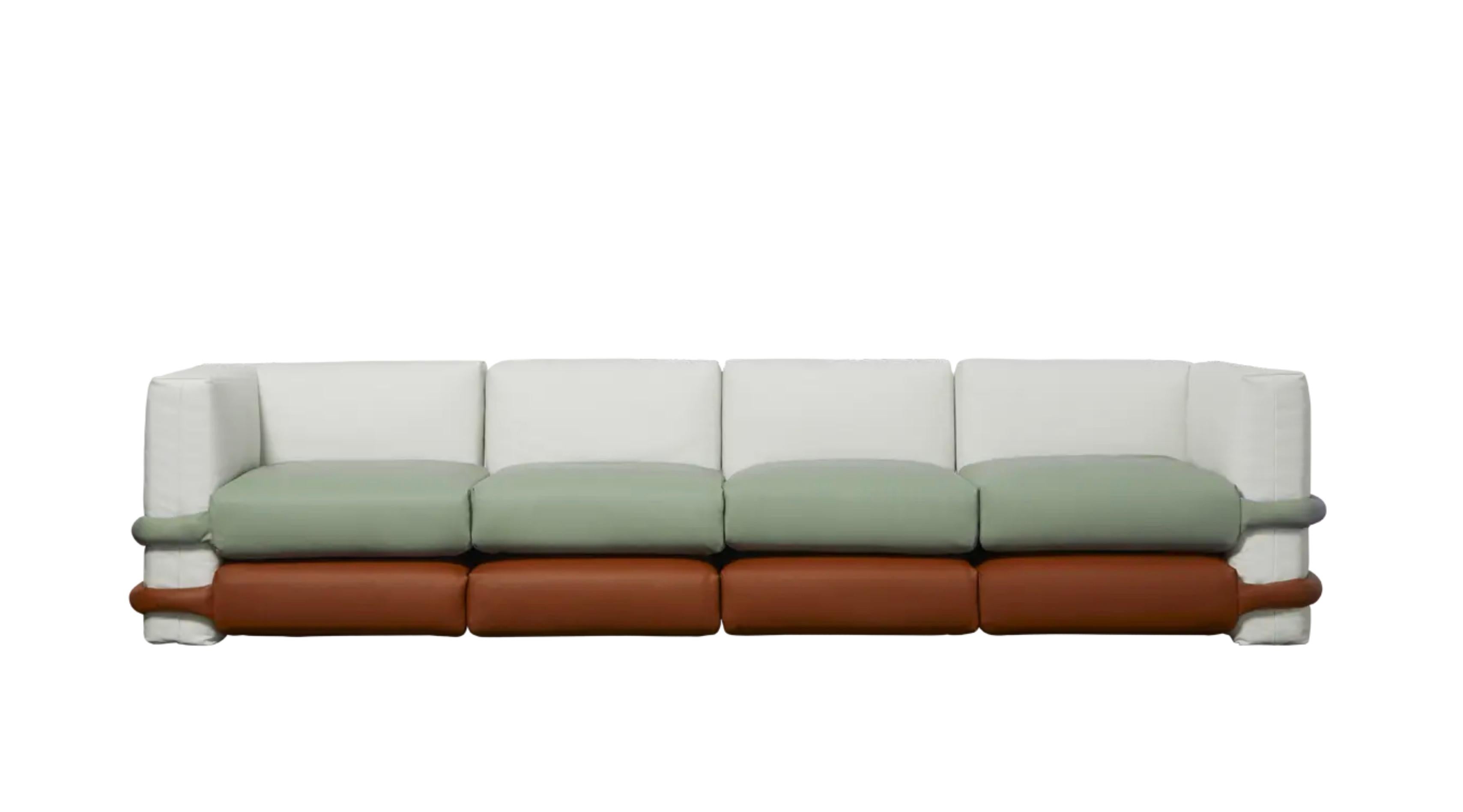 MMuller Van Severen  Canapé quatre places Pillow, vert menthe, marron, blanc, en cuir pour Bd Barcelona.

Le canapé modulaire Pillow de Muller Van Severen arrive chez BD. Initialement conçu par MVS pour les éditions KASSL, le canapé Pillow a été