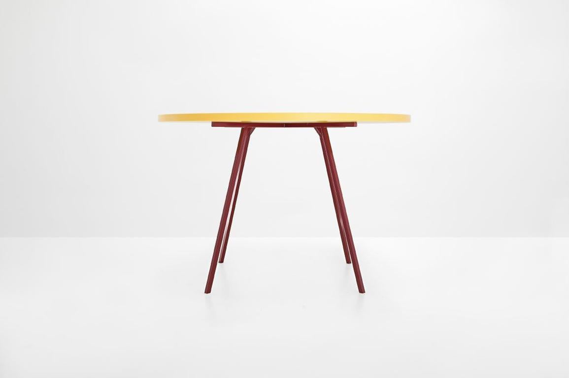 Round table
Manufactured by Muller Van Severen
Belgium, 2015
Deep red lacquered steel frame and yellow polyethylene top
Open edition

Measurements
115 Ø cm x 75 H cm
45.2 Ø in x 29.5 H in

Finishes
Rusted or deep red lacquered steel frame