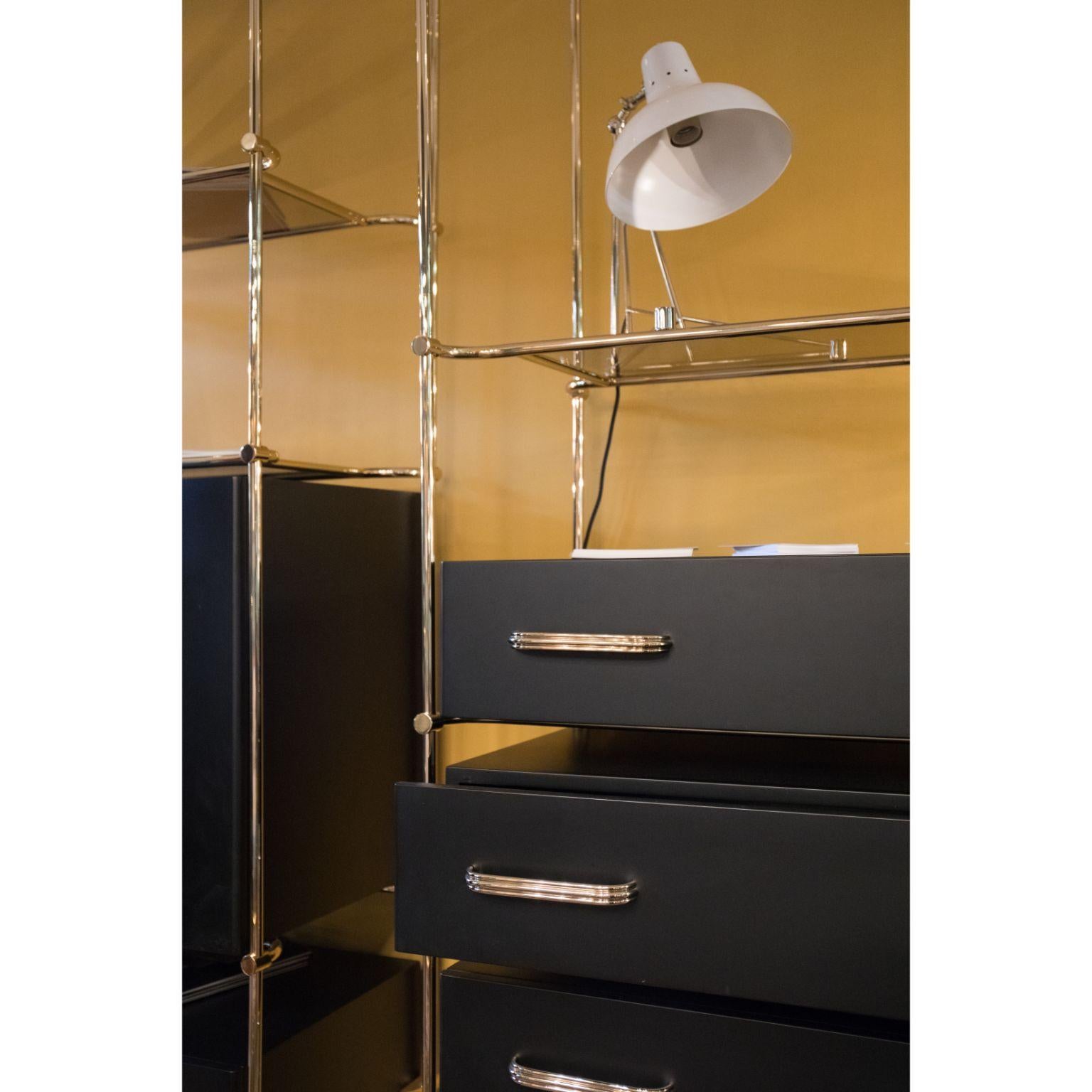 Mulligan Bookcase in Brass and Smoked Glass by Essential Home In New Condition For Sale In New York, NY