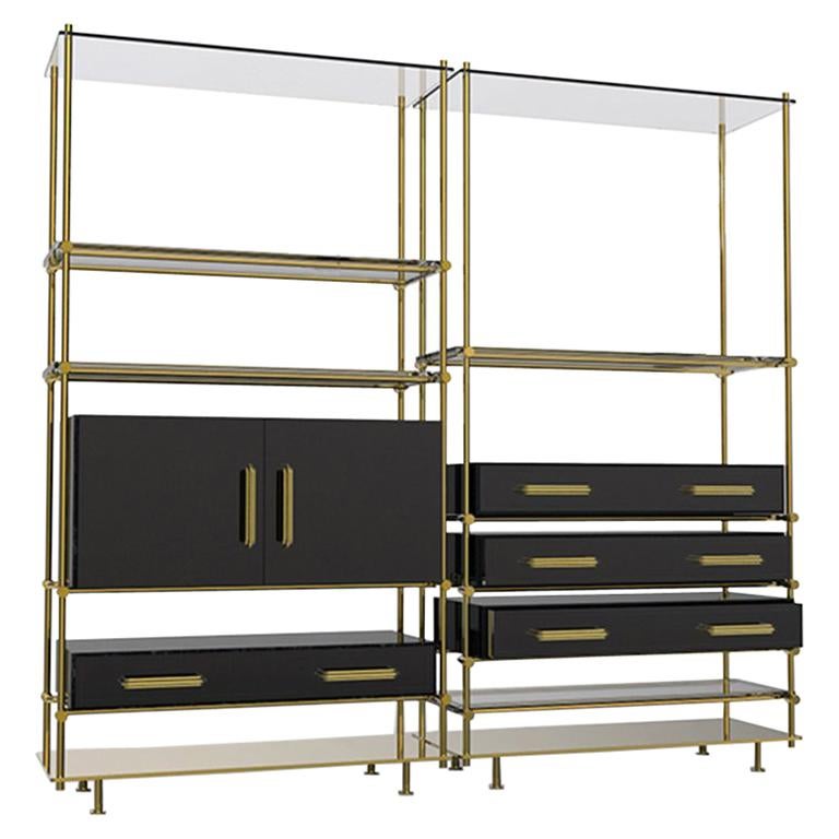 Mulligan Bookcase in Brass and Smoked Glass by Essential Home For Sale