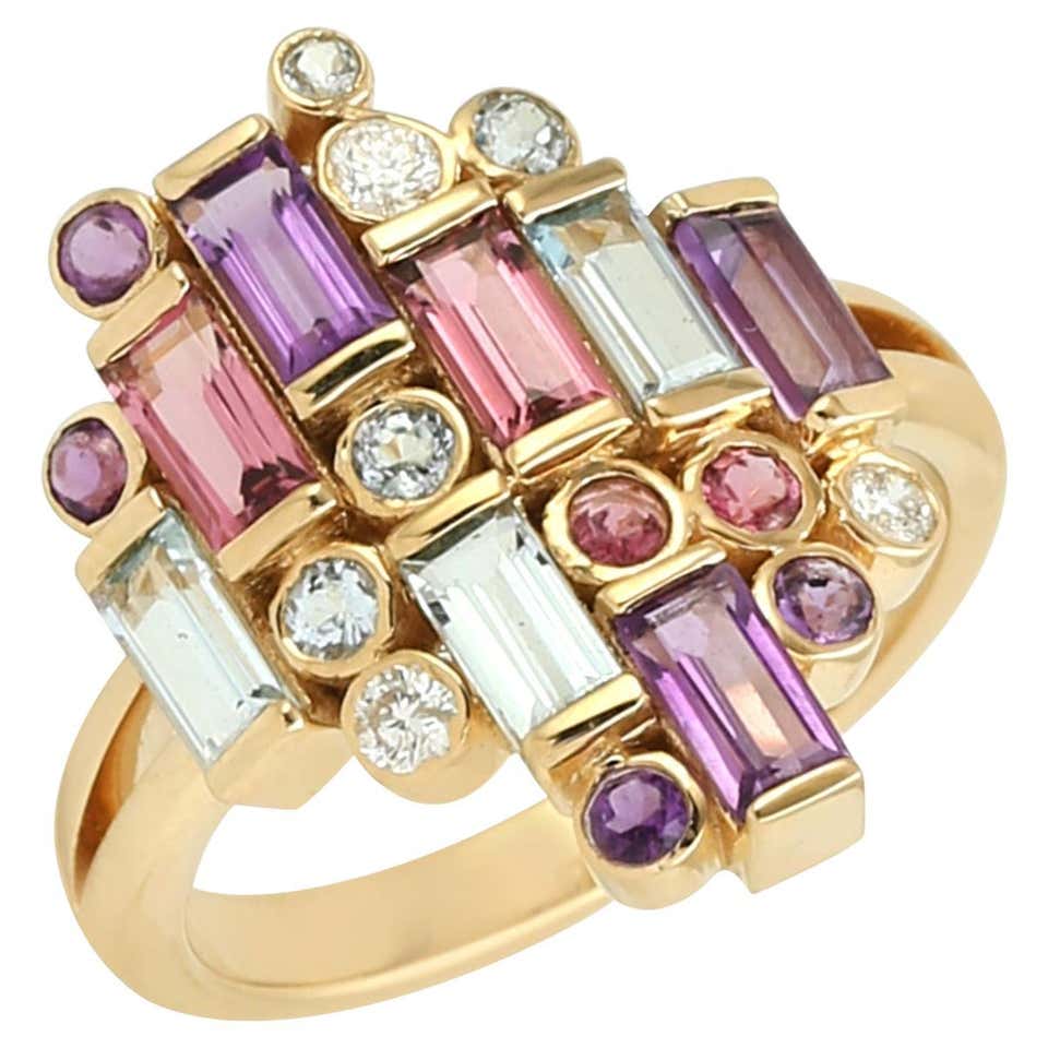 Multi Gemstone Disc Ring With Diamonds Made In 18k Yellow Gold For Sale ...