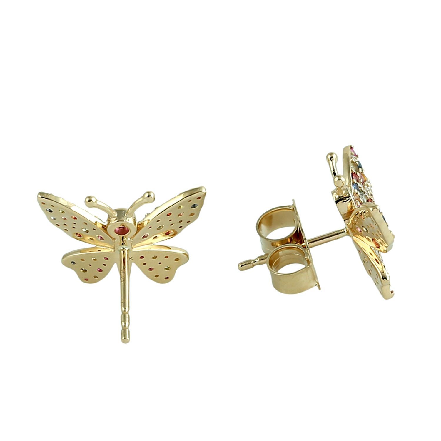 Art Deco Mult Sapphire Butterfly Studs With Diamonds Made In 18k Yellow Gold For Sale