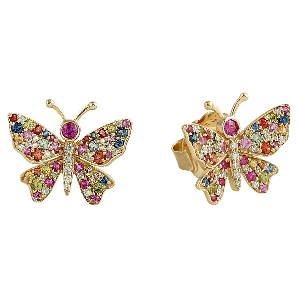 Mult Sapphire Butterfly Studs With Diamonds Made In 18k Yellow Gold For Sale