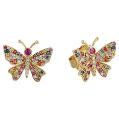 Mult Sapphire Butterfly Studs With Diamonds Made In 18k Yellow Gold