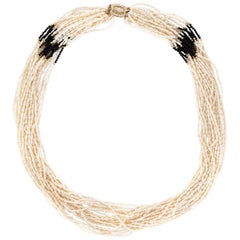 Multi 18 Strand Necklace Freshwater Pearls Onyx Long 14 Karat Gold Vintage