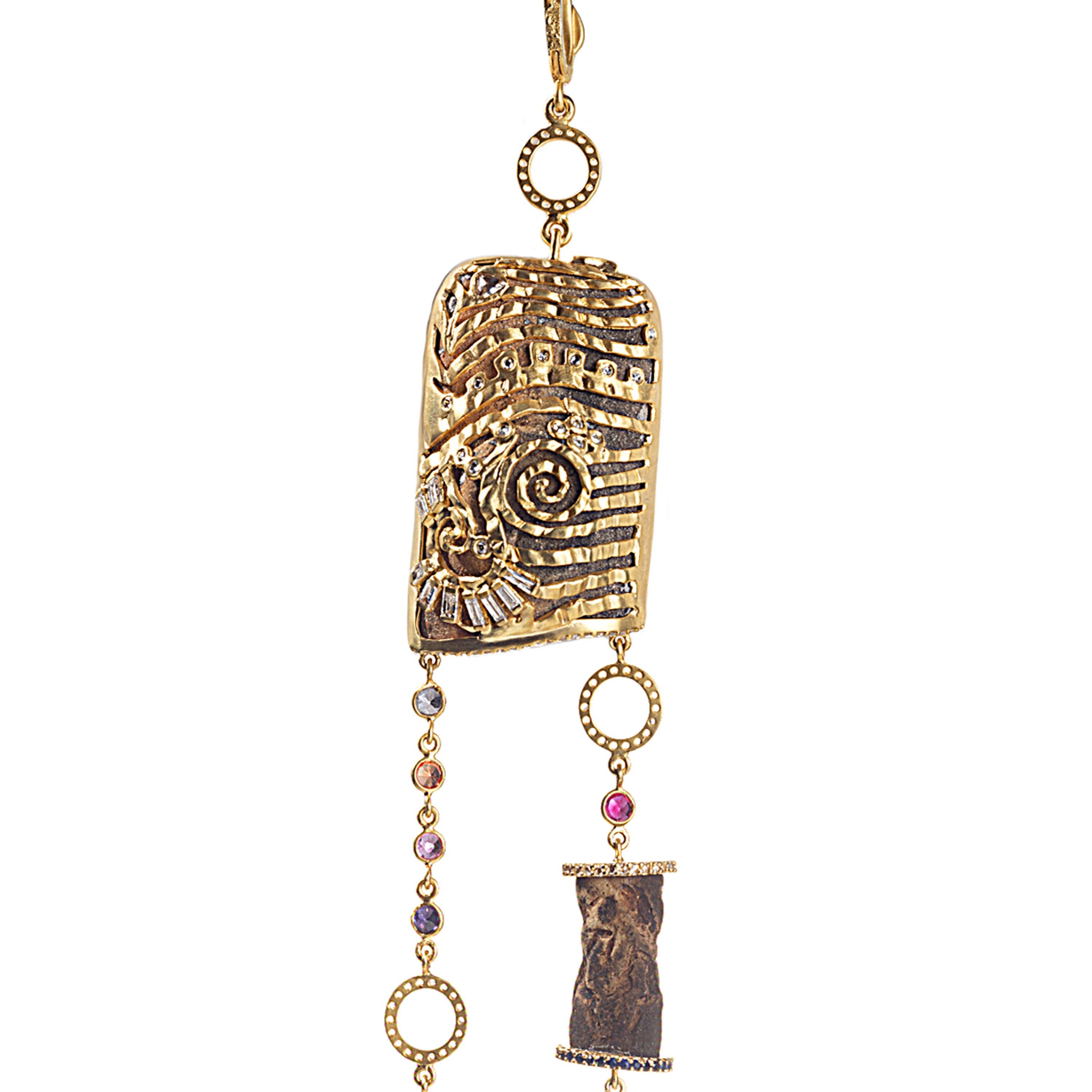 Contemporary Multi Ancient Artifacts Pendant in 20K Yellow Gold with Sapphires and Diamonds