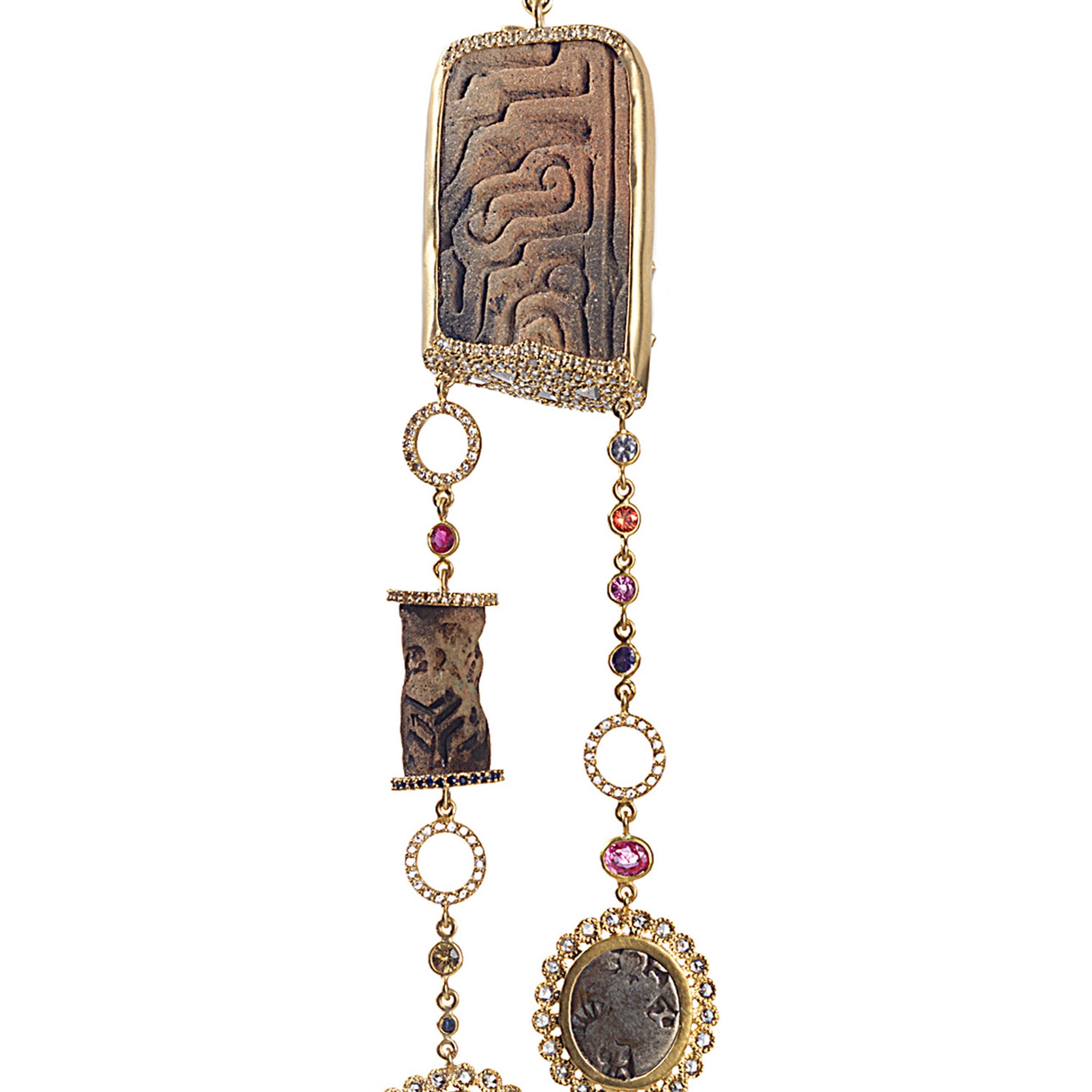 Rose Cut Multi Ancient Artifacts Pendant in 20K Yellow Gold with Sapphires and Diamonds